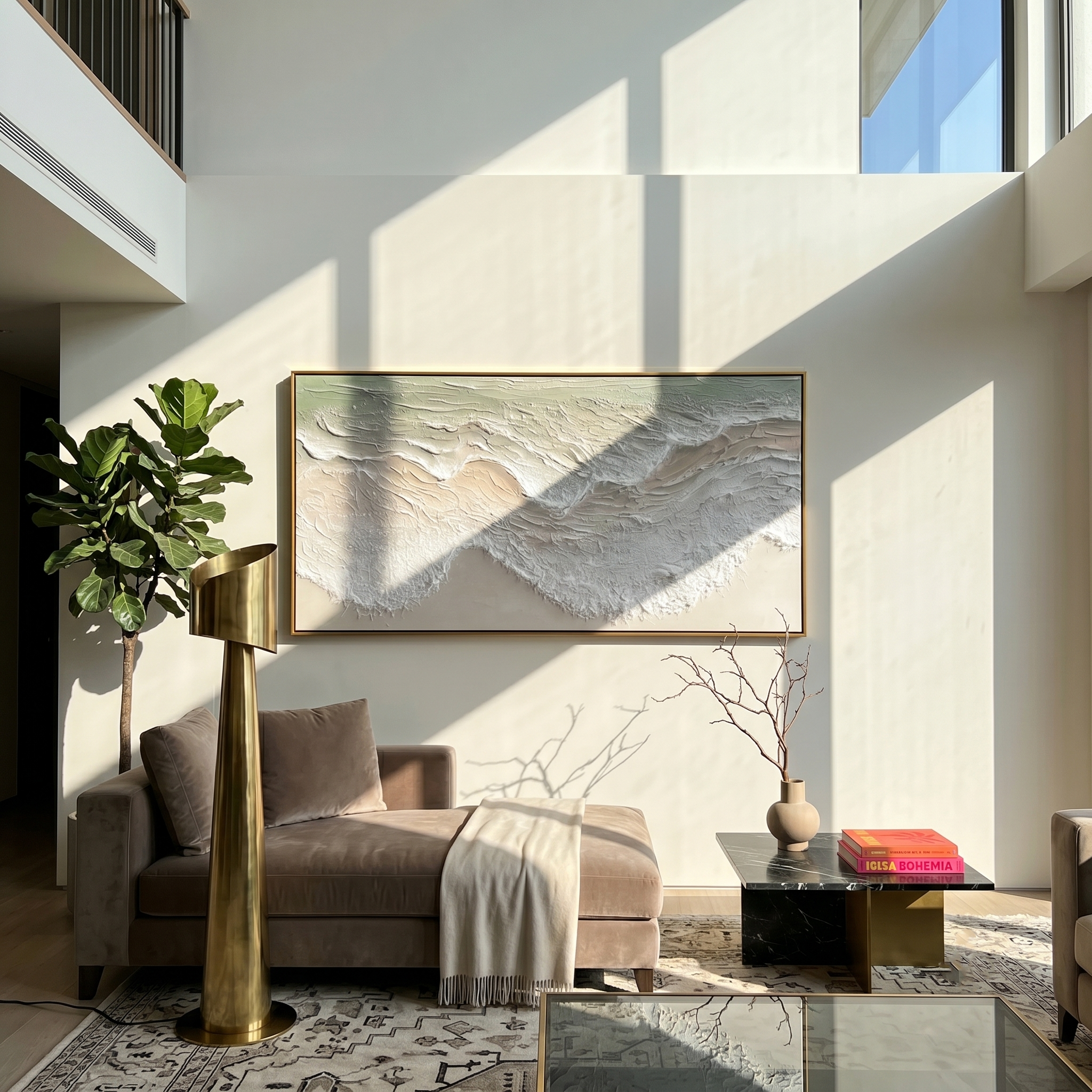 Serene Coastline – Modern Minimalist Ocean Wave Textured Art | Panoramic Coastal Living Room Art