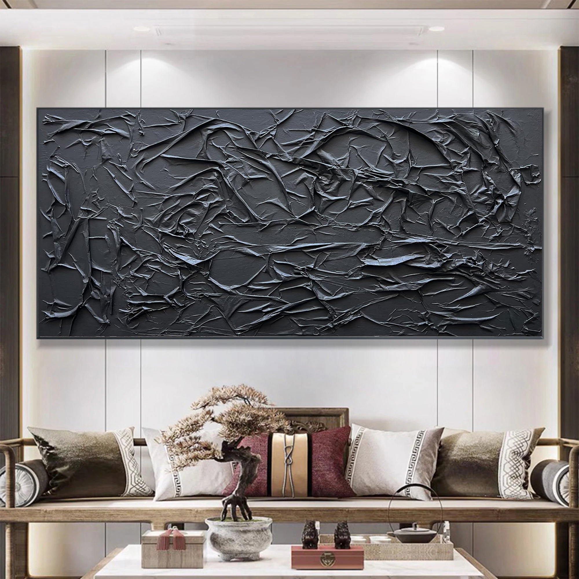 Onyx Ridge – Modern Obsidian Plaster Relief Abstract Painting | Industrial Abstract Home Office & Living Room Art