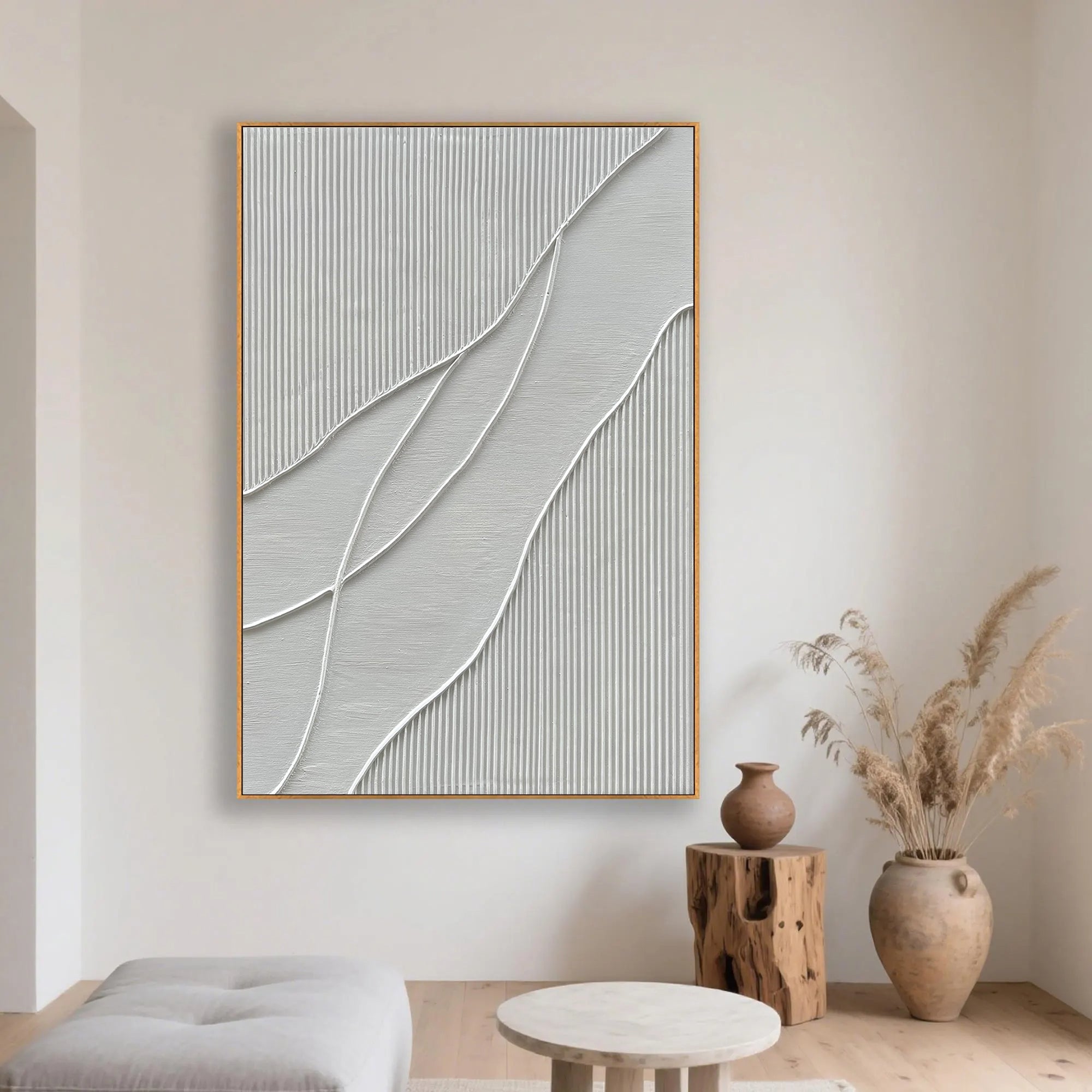 LINEAR SILENCE: Modern 3D Linear Plaster Wall Art, Minimalist Wave Relief Painting