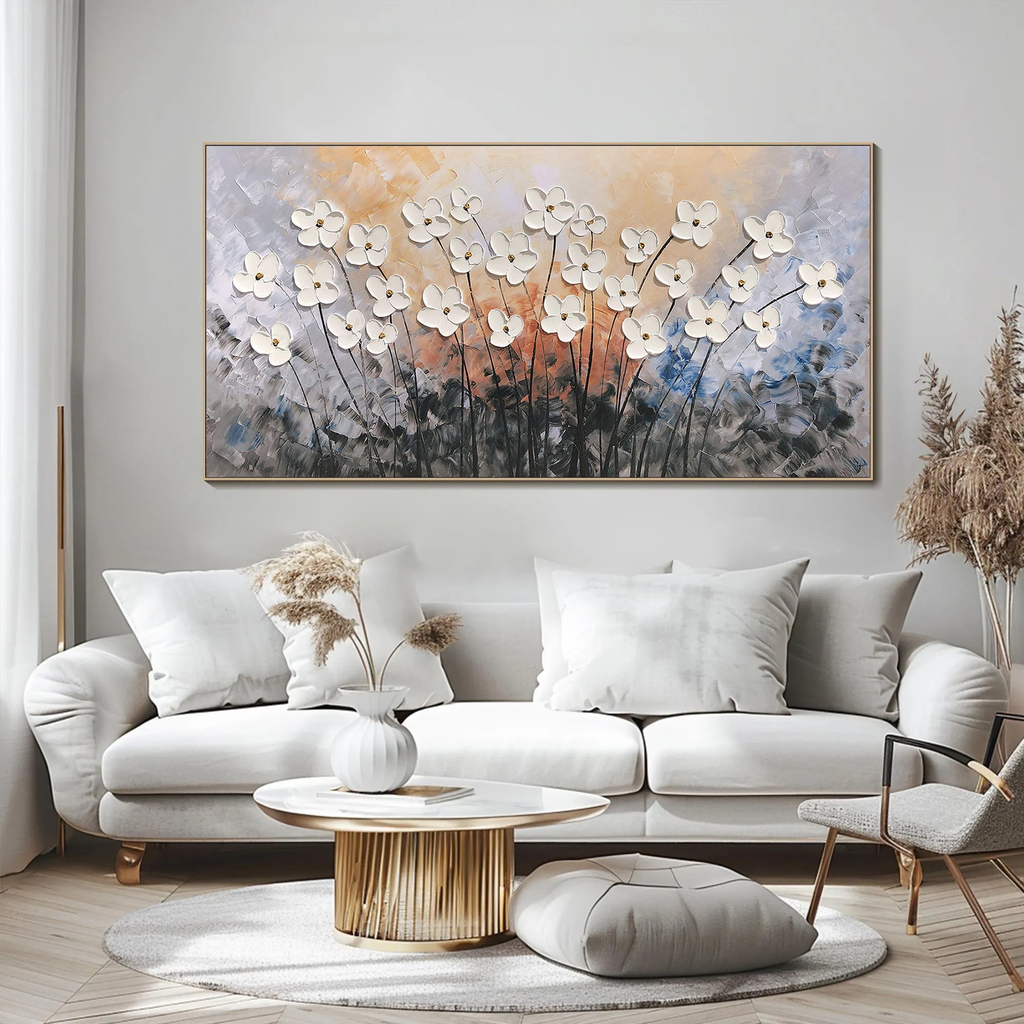 Amber Radiance – Sunset Background Flower Relief Floral Painting | Contemporary Botanical Bedroom & Living Room Art
