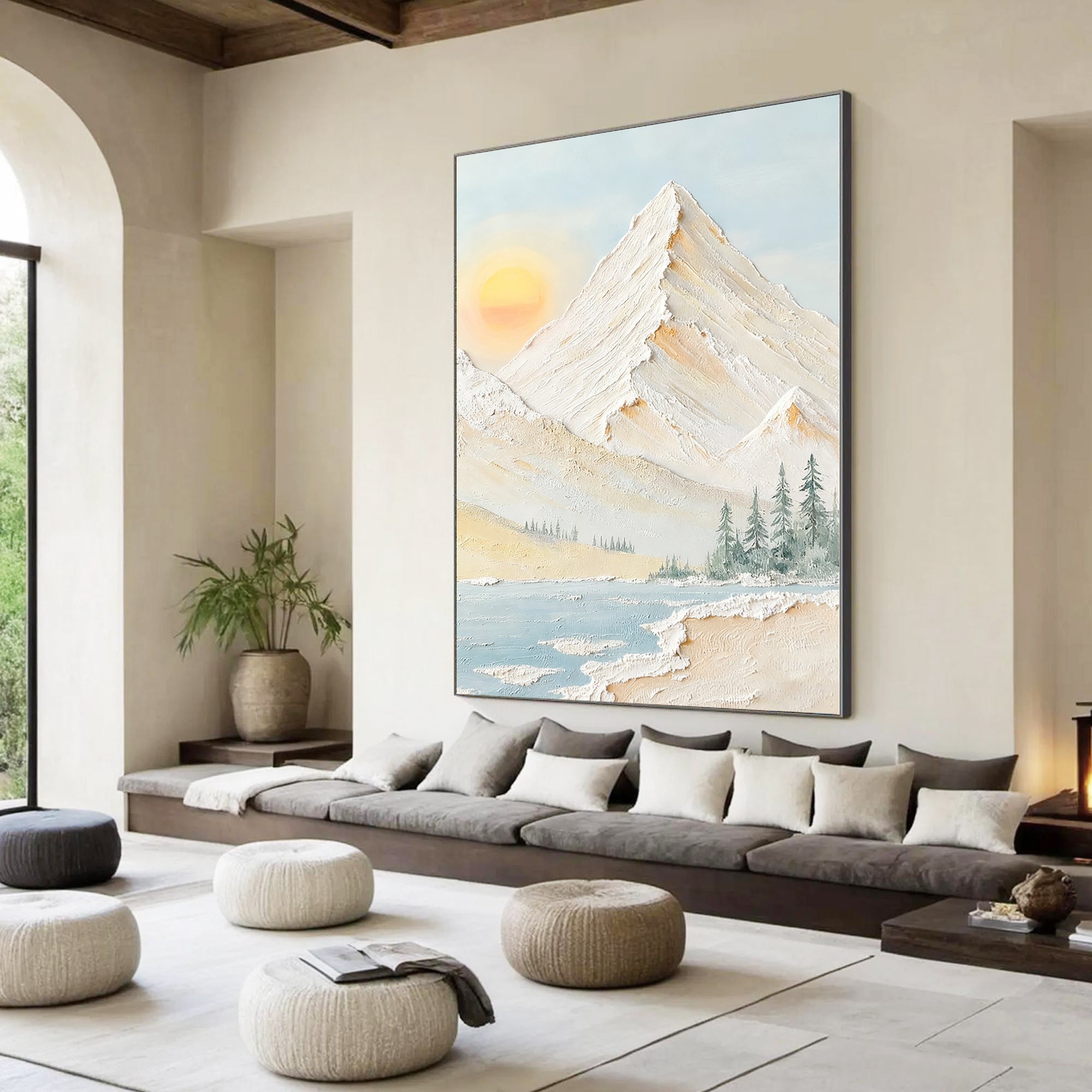 Pale Daylight – Scandinavian Minimalist Sun & Mountain Impasto Painting | Serene Textured Landscape Living Room Art