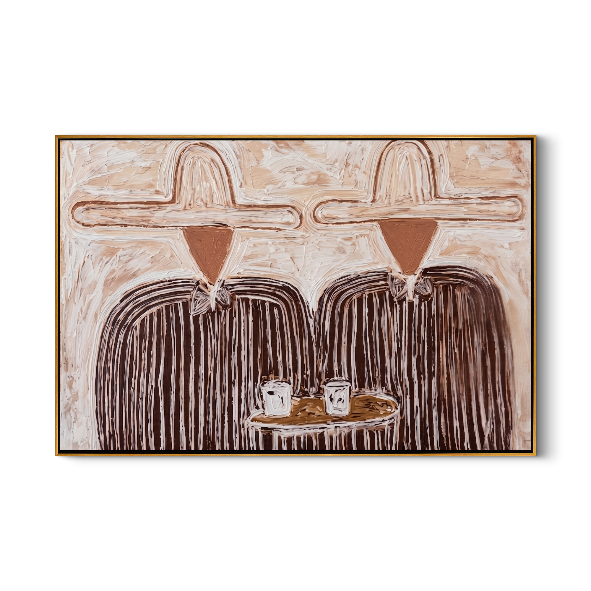Quiet Brew – Modern Cream & Brown Heavy Textured Figures Painting | Minimalist Living Room Art
