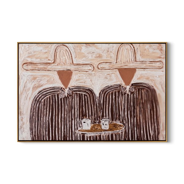Quiet Brew – Modern Cream & Brown Heavy Textured Figures Painting | Minimalist Living Room Art