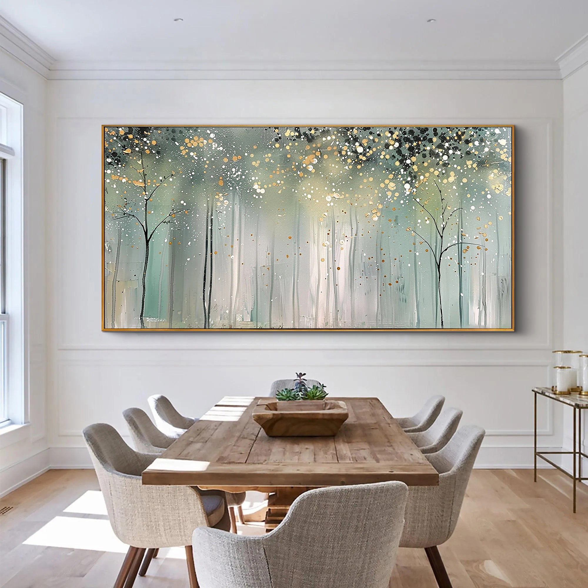 Stardust Forest – Hand-Painted Abstract Gold Pointilism Forest Scene Landscape Painting | Contemporary Landscape Living Room & Dining Room Art