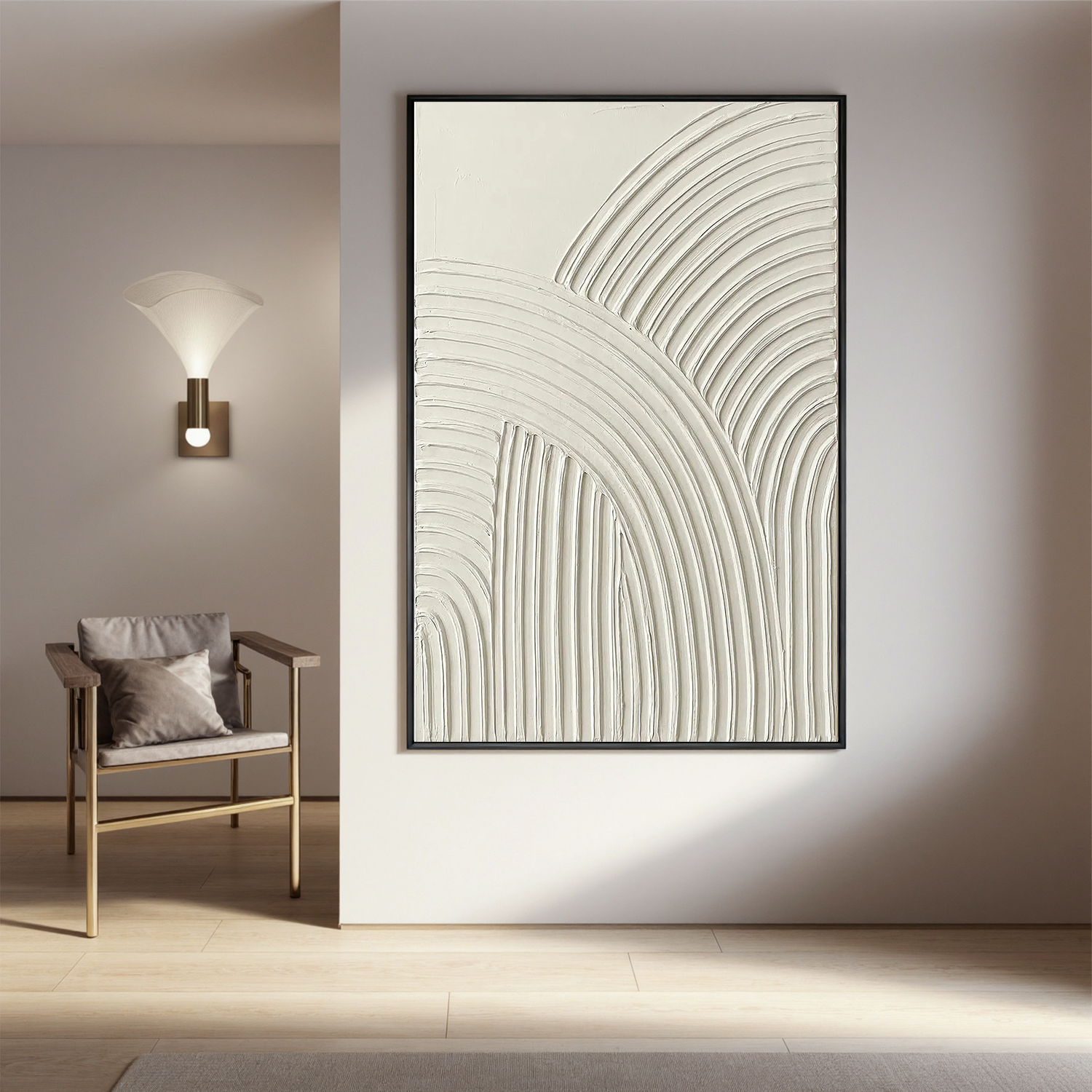 Sacred Arches – Minimalist Cream White Arch Textured Painting | Modern Geometric Plaster Hallway Art