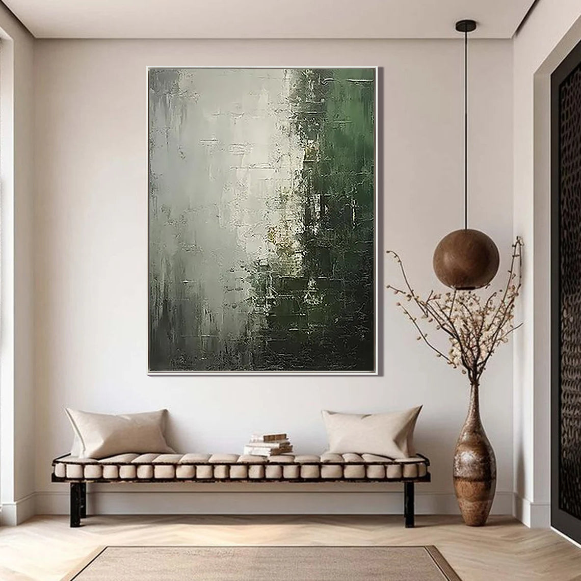 Forest Mist – Hand-Painted Dark Green and Grey Plaster Effect Wabi-Sabi Painting | Contemporary Landscape Living Room & Dining Room Art