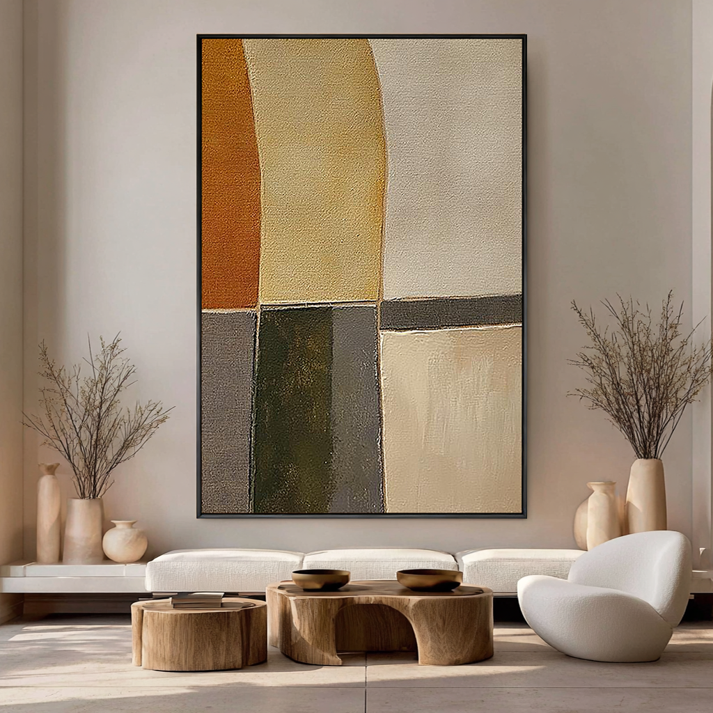 MID-CENTURY BLOCKS: Minimalist Wall Art, Hand-Painted Modern Abstract Ochre and Grey Textured Gallery Art