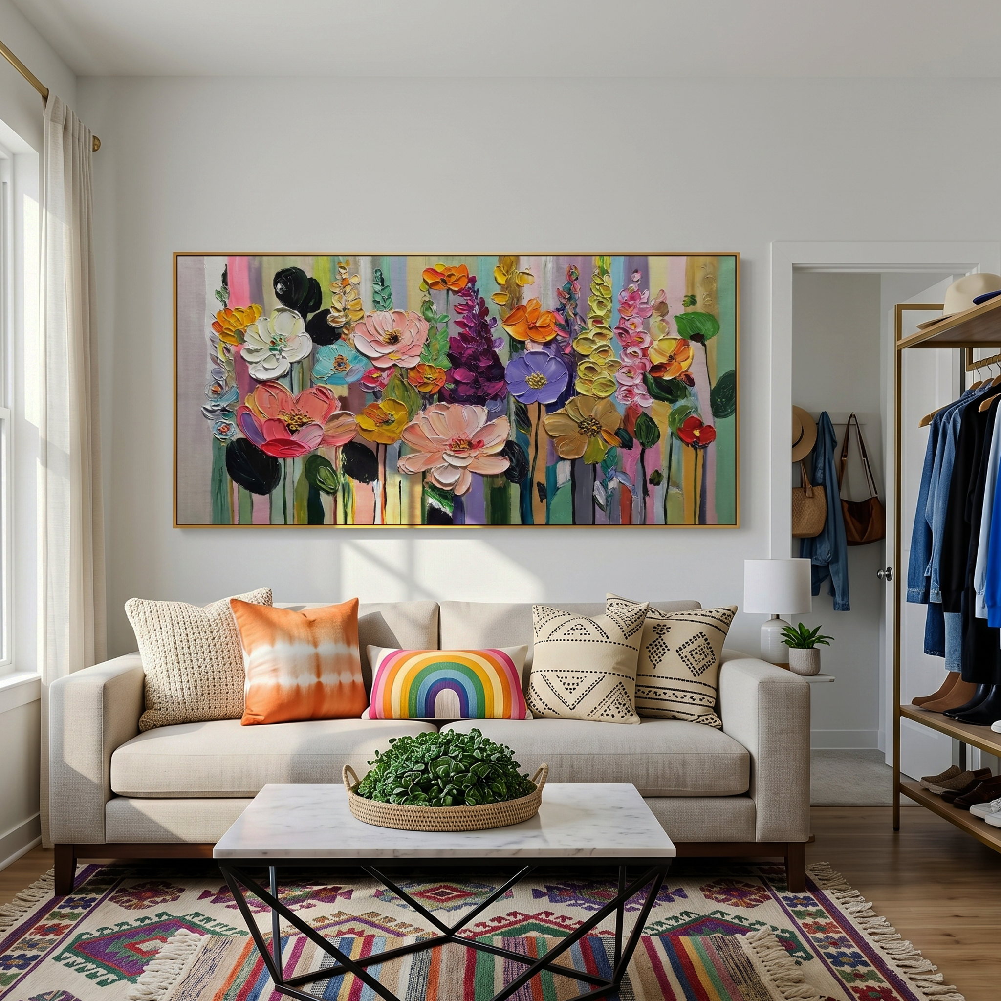 Dopamine Garden – Modern Impasto Colorful Wildflower Canvas | Joyful Living Room Wall Art