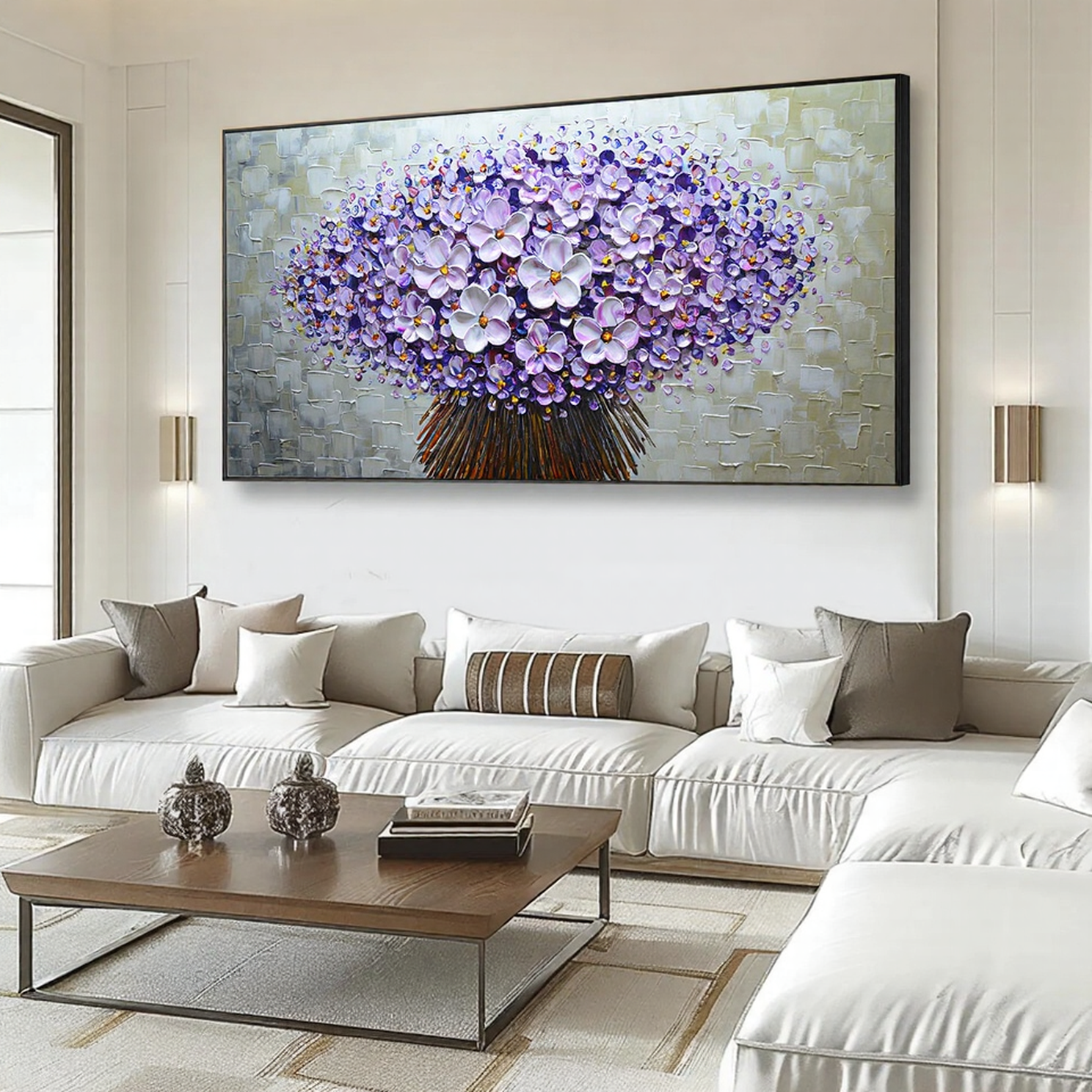 VIOLET BLOOM: Panoramic 3D Heavy Texture Floral Wall Art, Purple Flower Tree Relief Painting