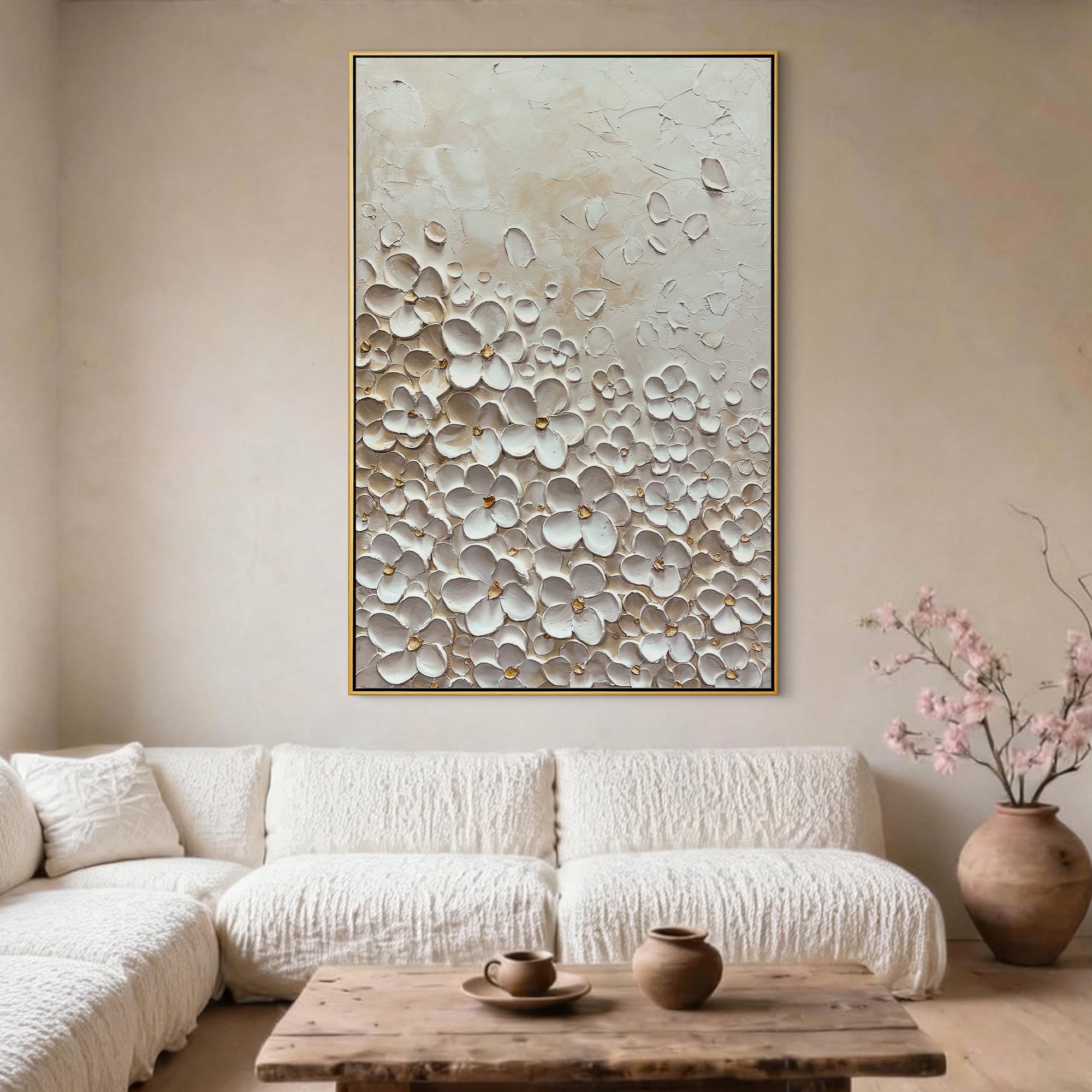 VANILLA BLOOM: 3D Heavy Texture White Flower Wall Art, Cream & Gold Relief Petal Painting