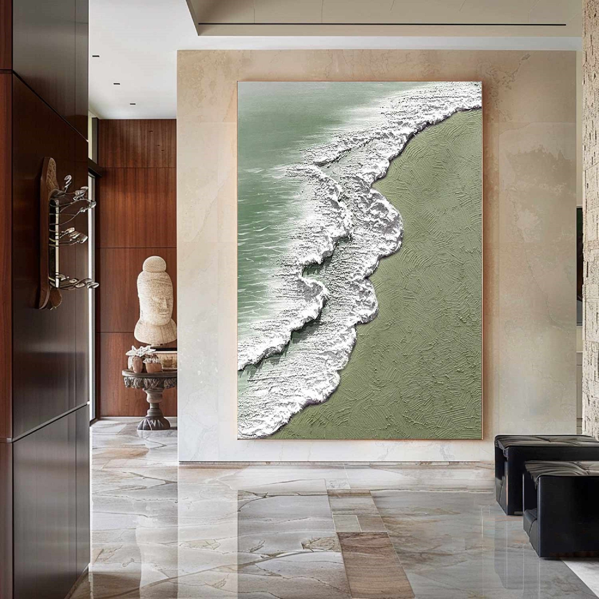 The Silent Shore – Modern Textured Painting | Creative Wabi-Sabi Sage Green Ocean Wave Hallway Art
