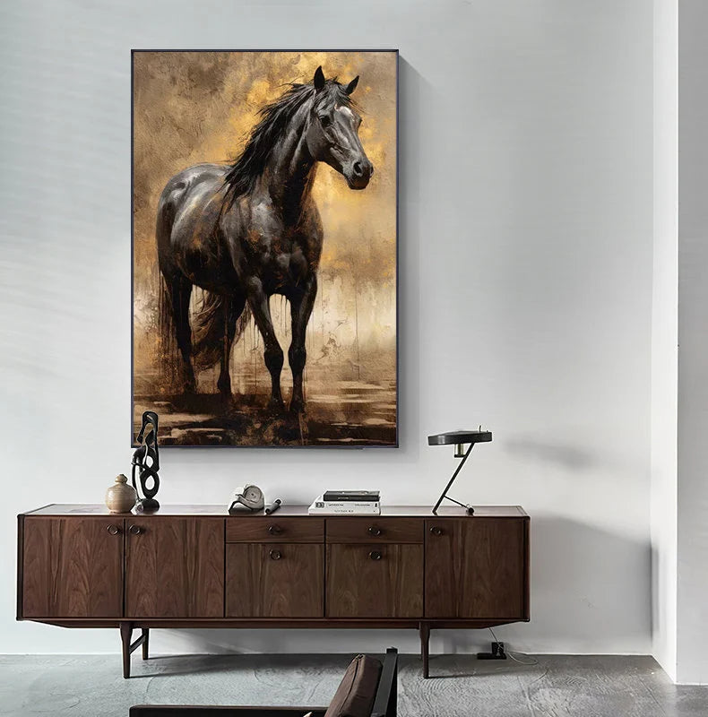 The Obsidian Knight – Realistic Black Horse Texture Painting | Gilded Earth Tone Living Room Art