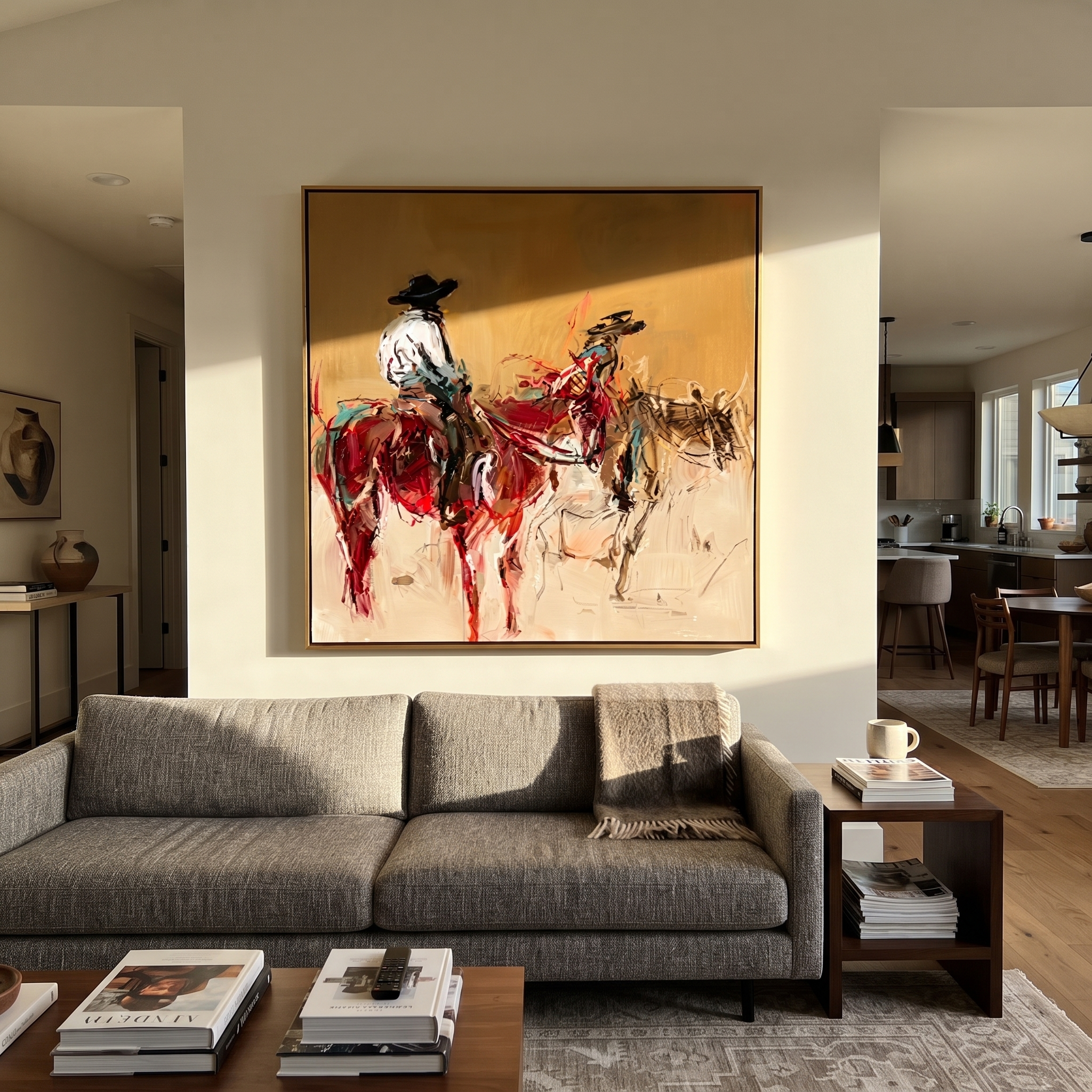 Red Riders Cross Dust styled with wood, linen, and modern decor