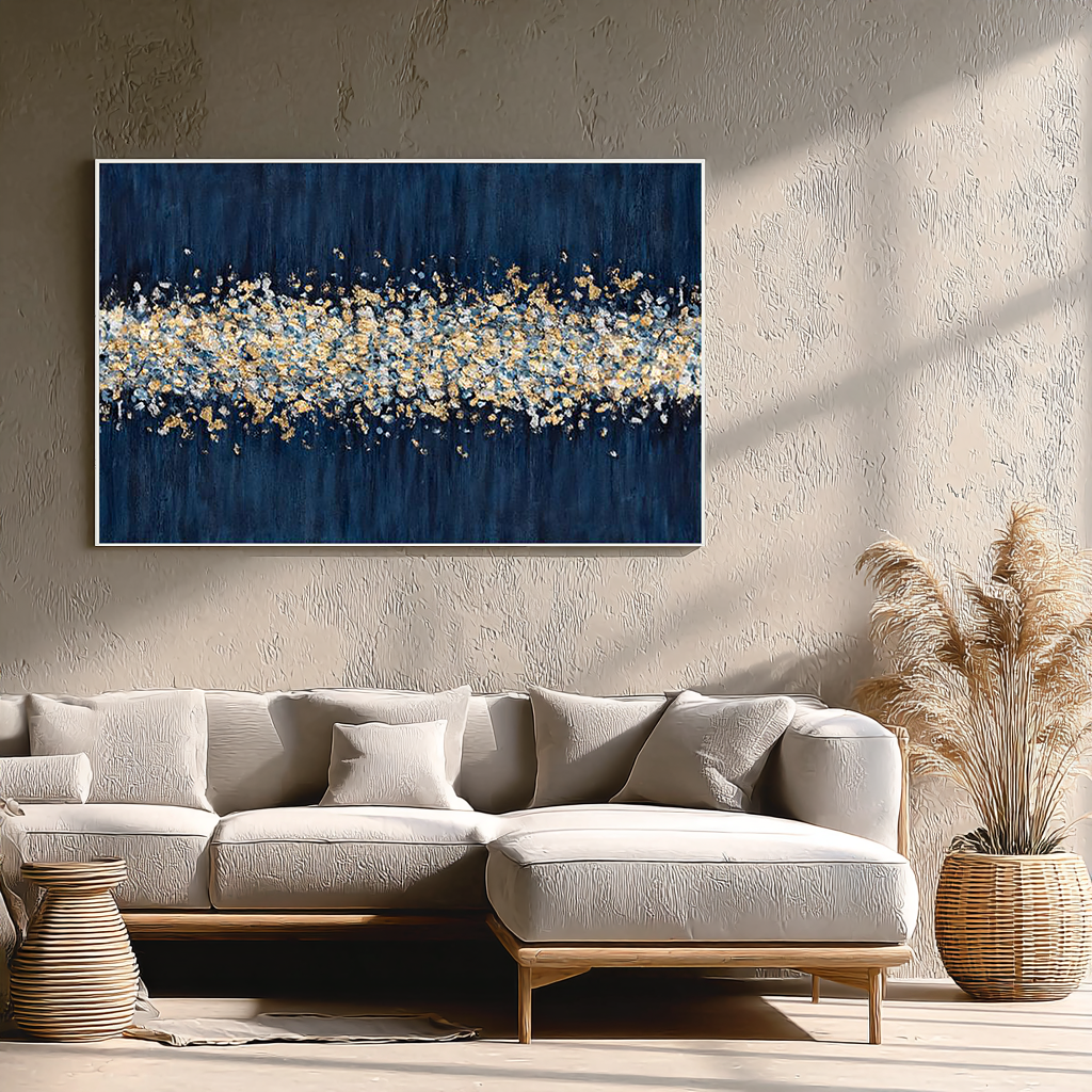 Celestial Tide – Hand-Painted Navy Blue and Gold Foil Abstract Texture Painting | Modern Abstract Living Room & Office Art