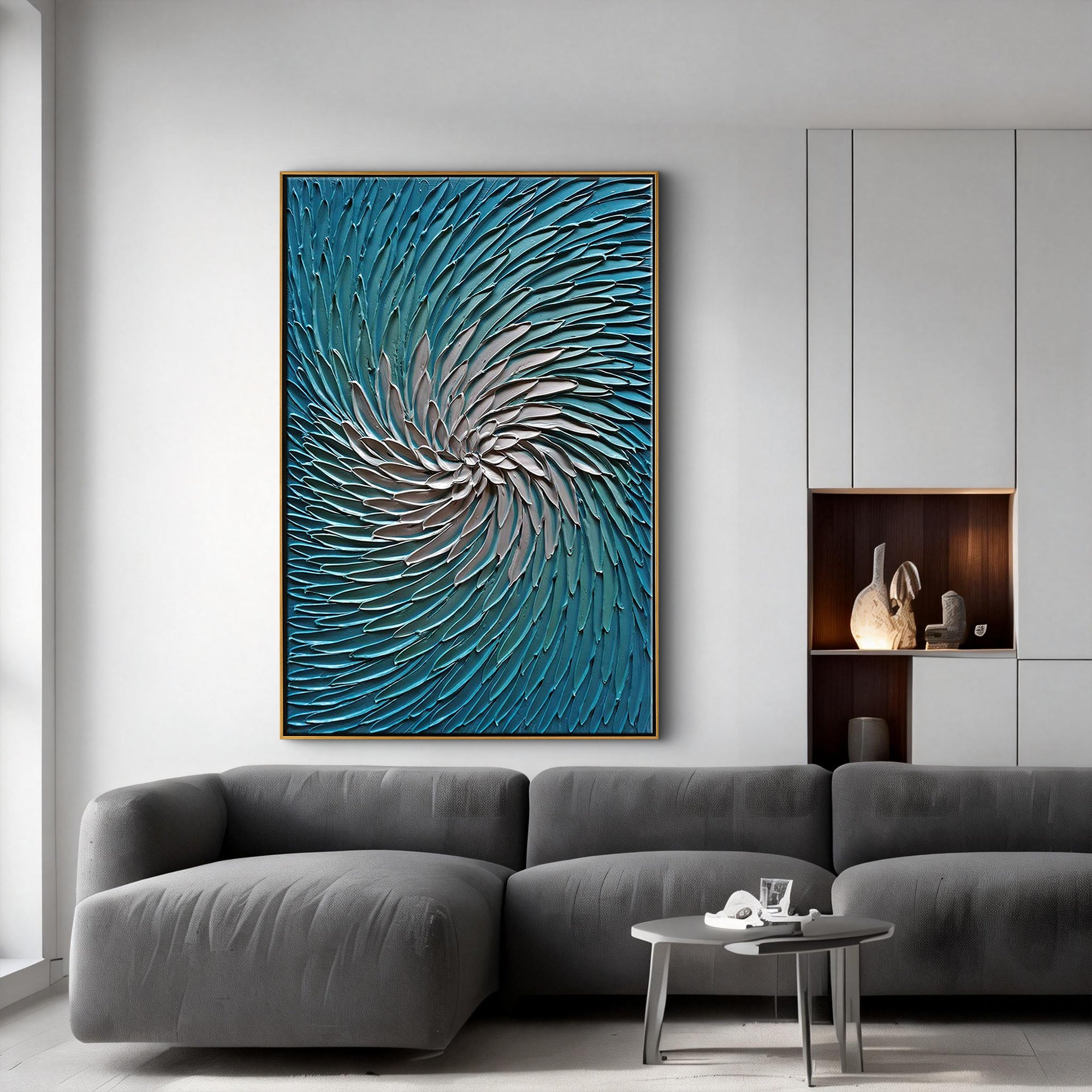 The Ocean Vortex – Modern Teal & Ivory Heavy Impasto Painting | Abstract Coastal Minimalist Hallway Art