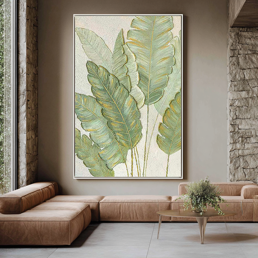 Emerald Whisper – Left-Facing Botanical Relief with Gold Edges Texture Painting | Modern Luxury Botanical Bedroom & Living Room Art