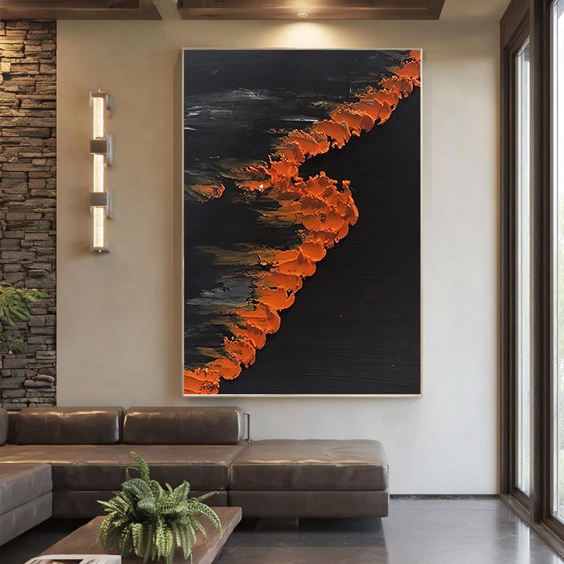 Midnight Flare – Modern Minimalist Black & Orange Impasto Abstract Art | Luxury Dramatic Hallway Art