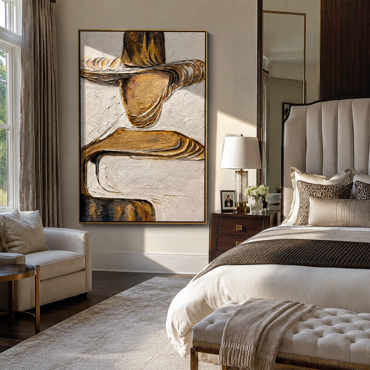Gilded Brim Holds Still – Gold Hat Figure Painting | Retro Modern Vertical Wall Art