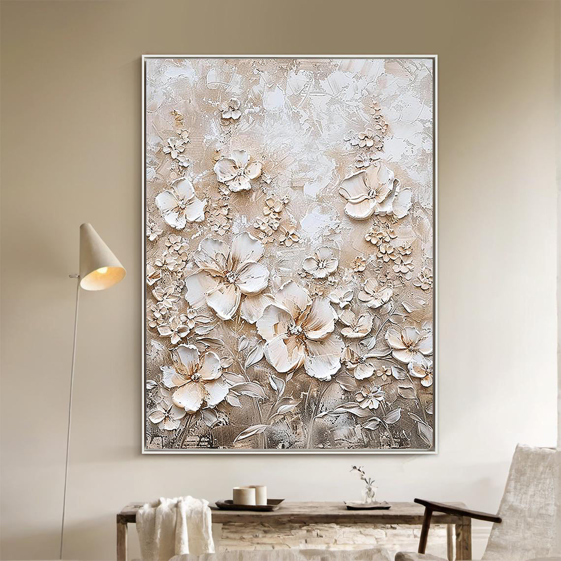 Ivory Petals – Hand-Painted Champagne White Blossom 3D Relief Floral Painting | Soft Organic Botanical Bedroom & Living Room Art