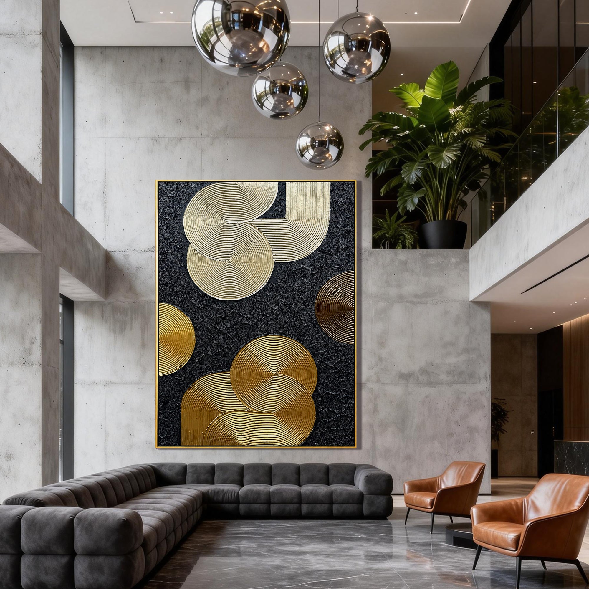 Metallic Orbit – Luxury Black & Gold 3D Linear Geometric Art | Modern High-End  Living Room Art