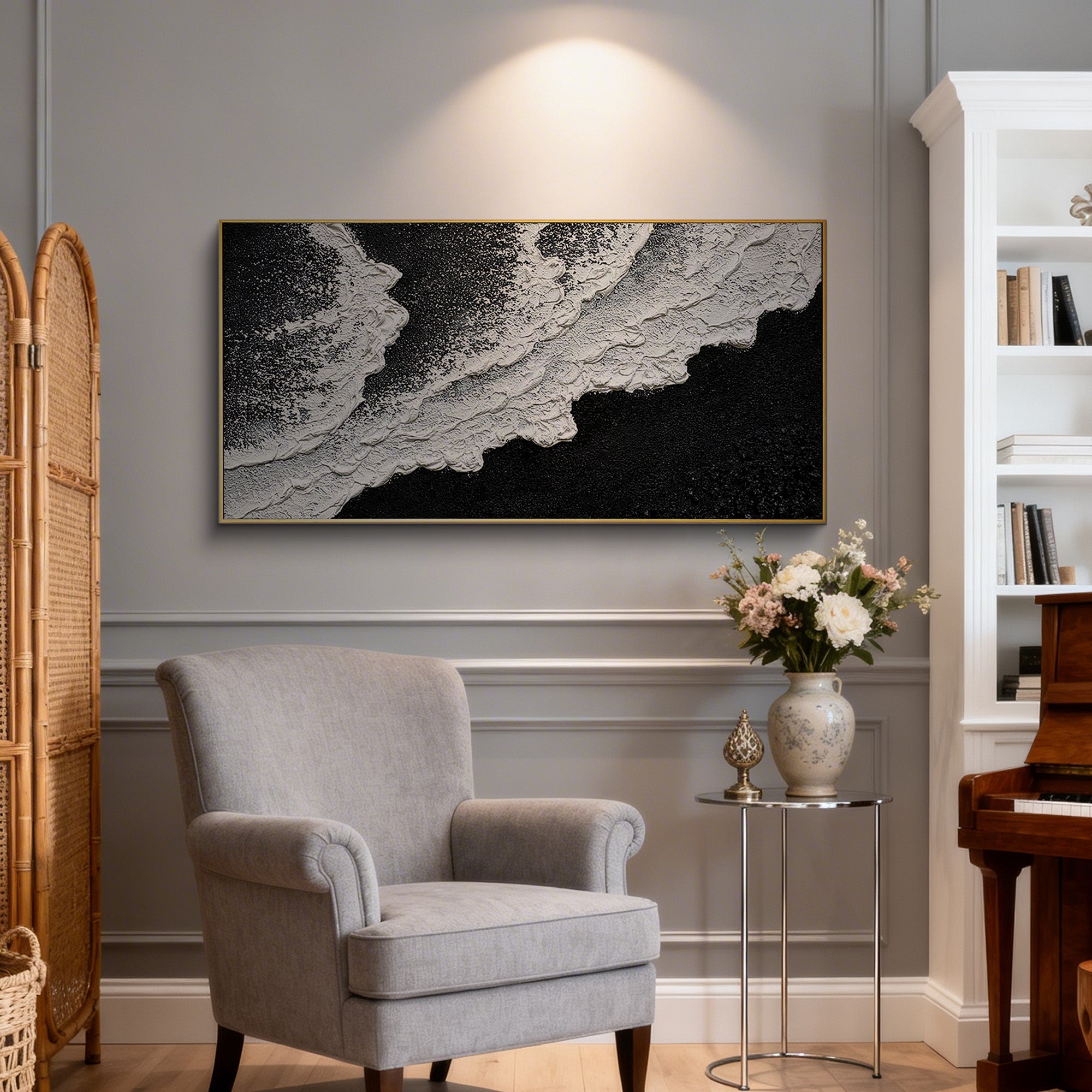 Realm of Undercurrents – Minimalist Black & White Textured Abstract Wave | Modern Luxury Living Room Art