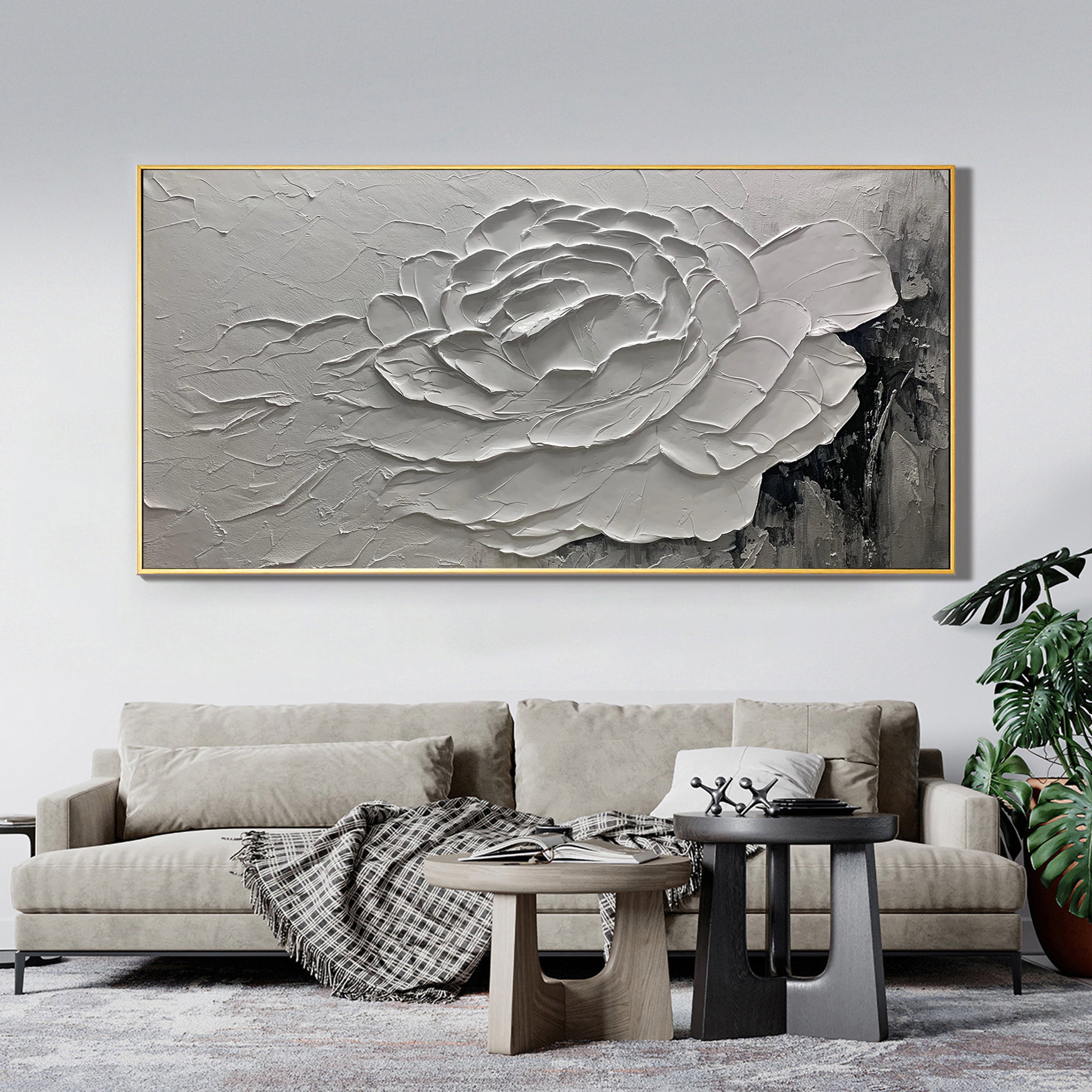 SCULPTED BLOOM: Floral Wall Art, Hand-Painted Horizontal Grey and White 3D Relief Plaster Effect Heavy Texture Studio Art
