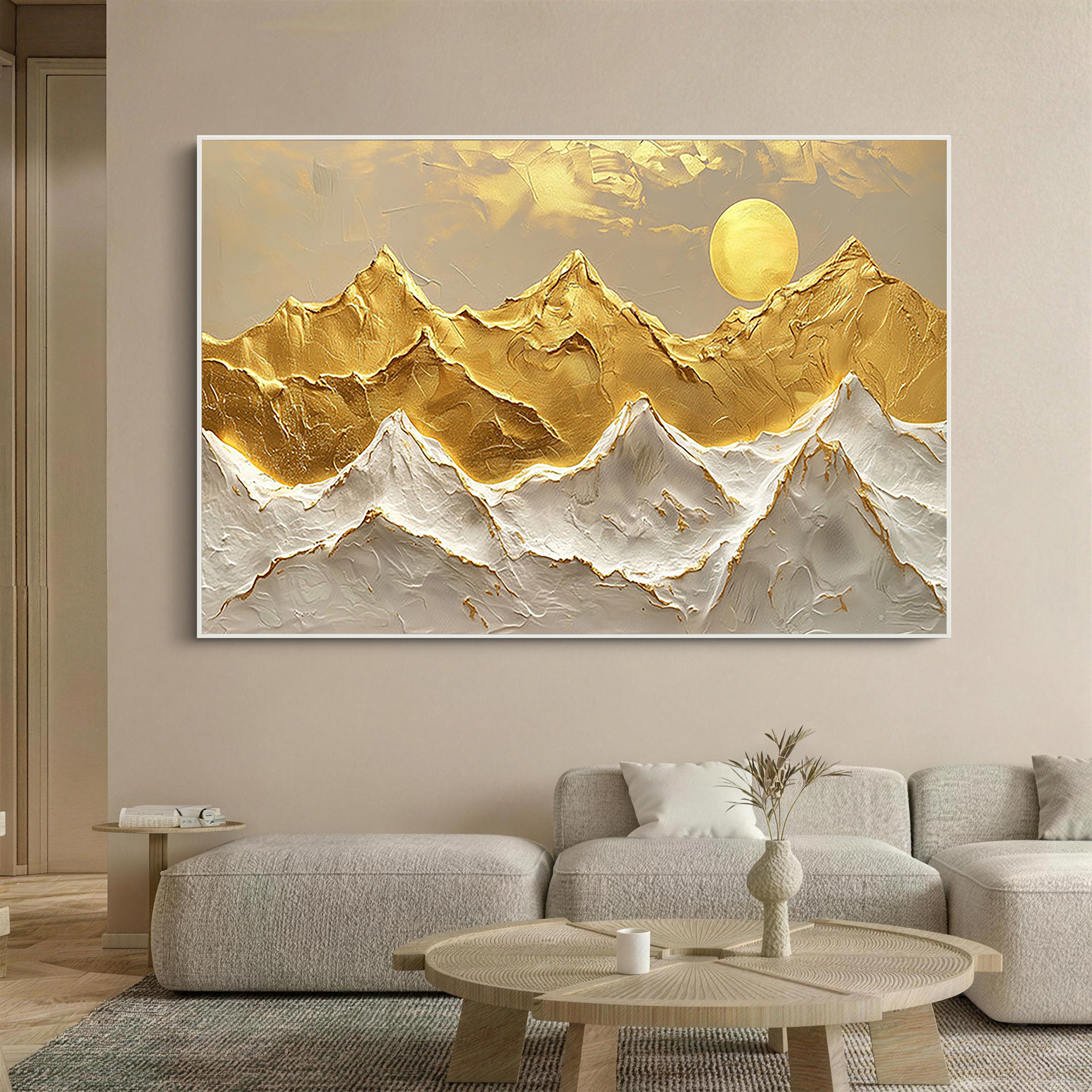 Golden Peaks – Gold Leaf Abstract Landscape Texture Painting | Contemporary Mountain Living Room & Home Office Art