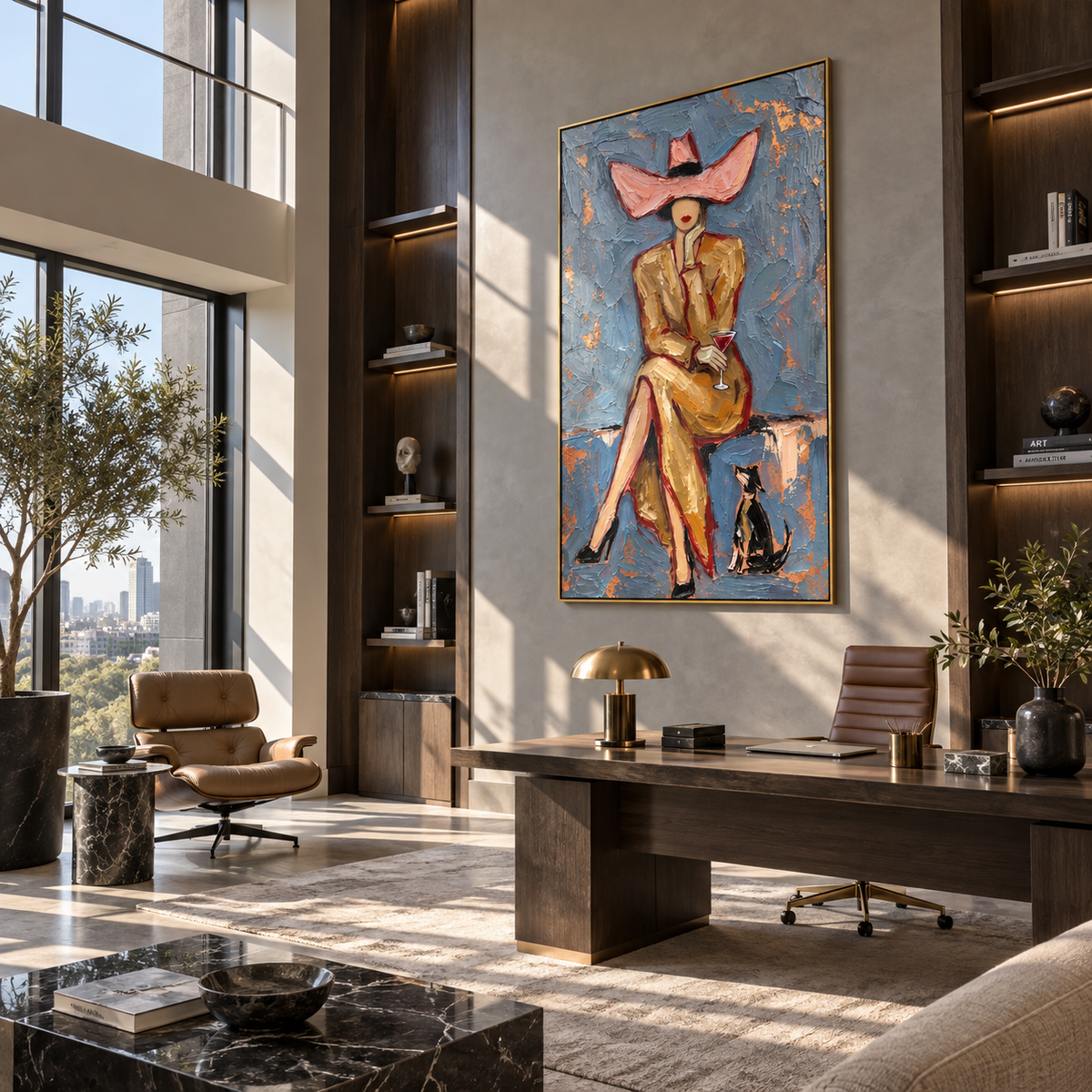 The Pink Brim – Vintage Americana Fashion Woman Portrait Painting | Luxury Glam Living Room Art