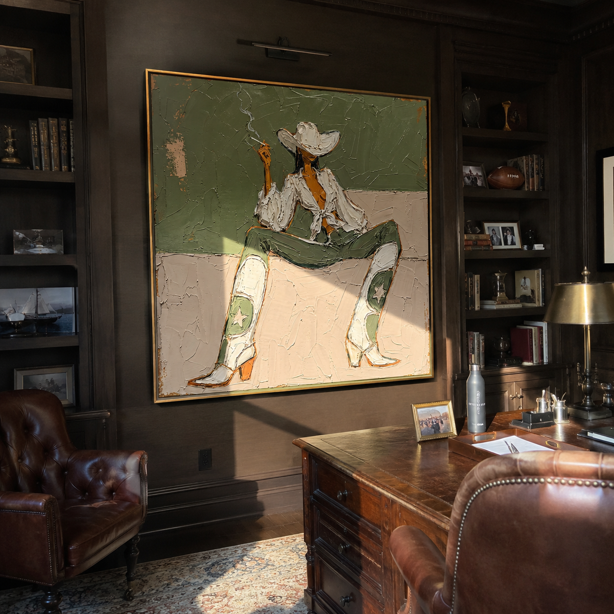 White Boots Hold Ground – Green Cowgirl Painting | Retro Modern Square Wall Art