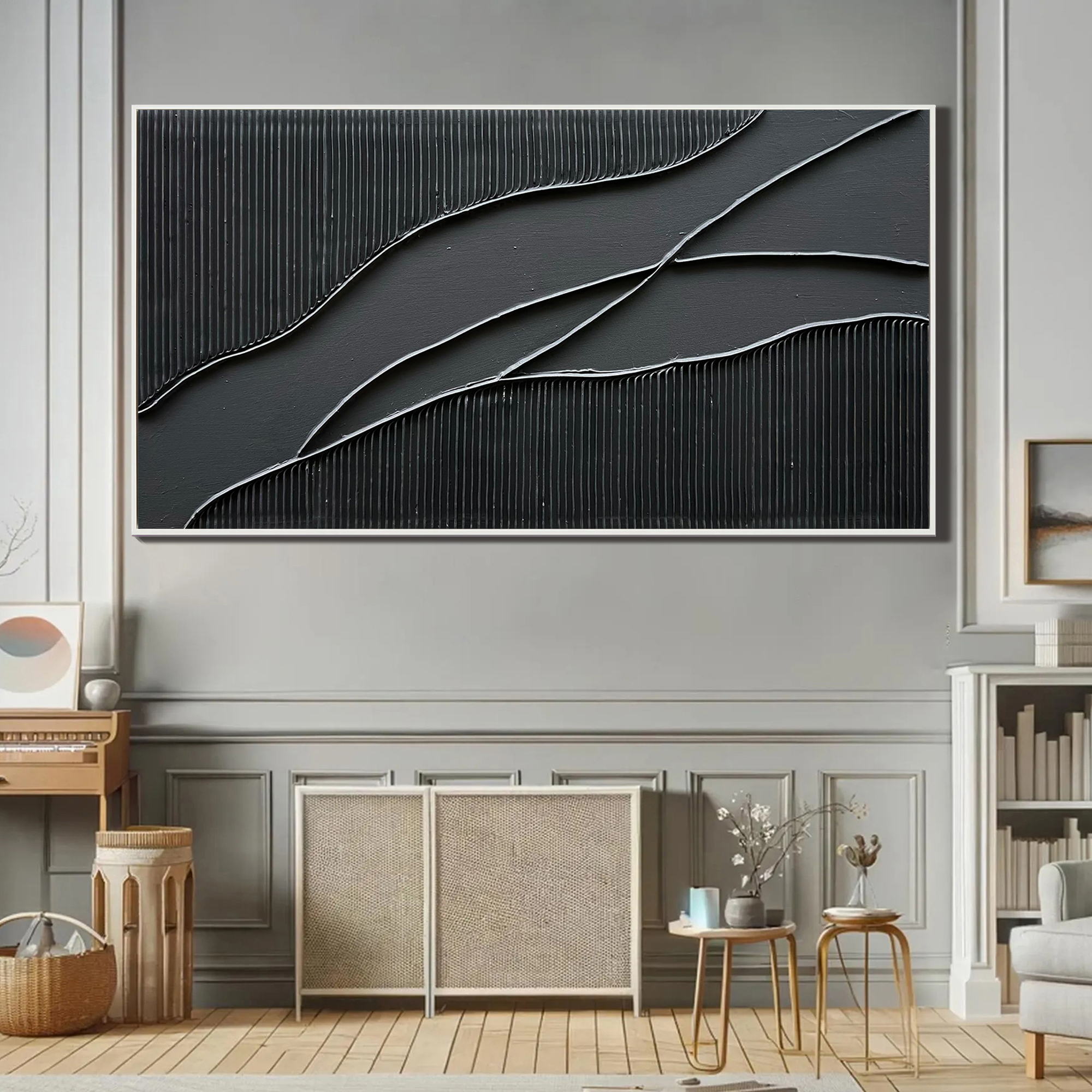 Obsidian Flow – Modern 3D Linear Abstract Minimalist Painting | Bold Minimalist Bedroom & Home Office Art