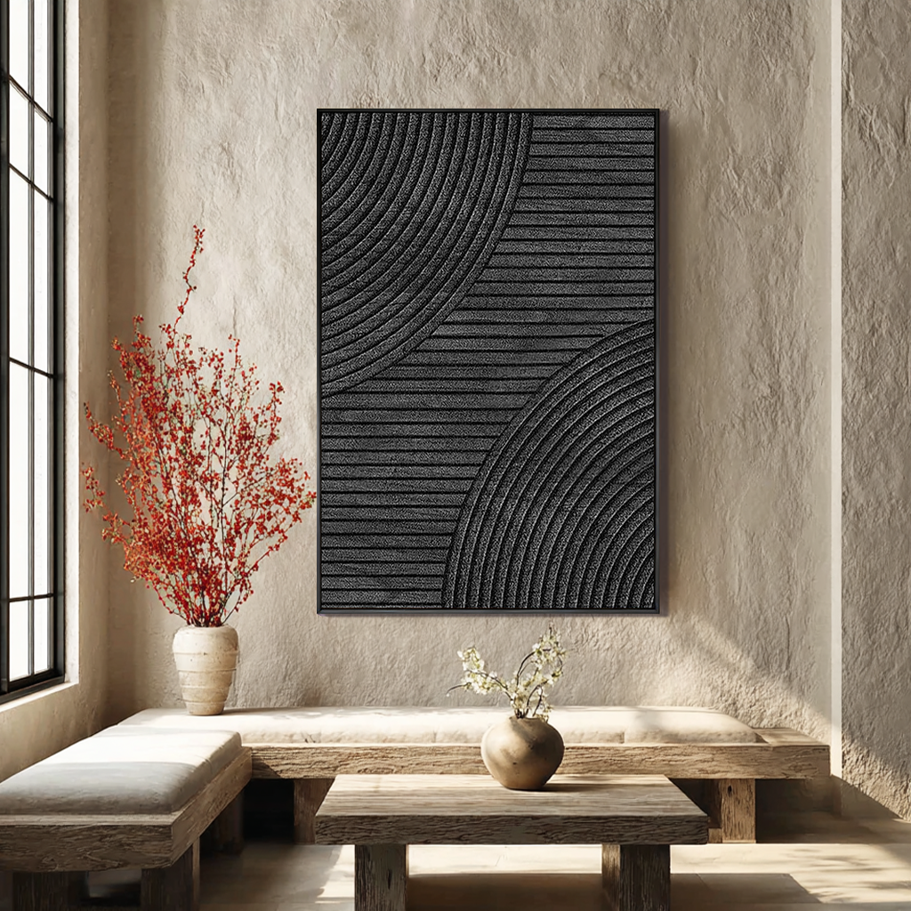 LINEAR ECLIPSE: Texture Wall Art, Hand-Painted All-Black Minimalist Geometric Plaster Relief 3D Textured Gallery Art