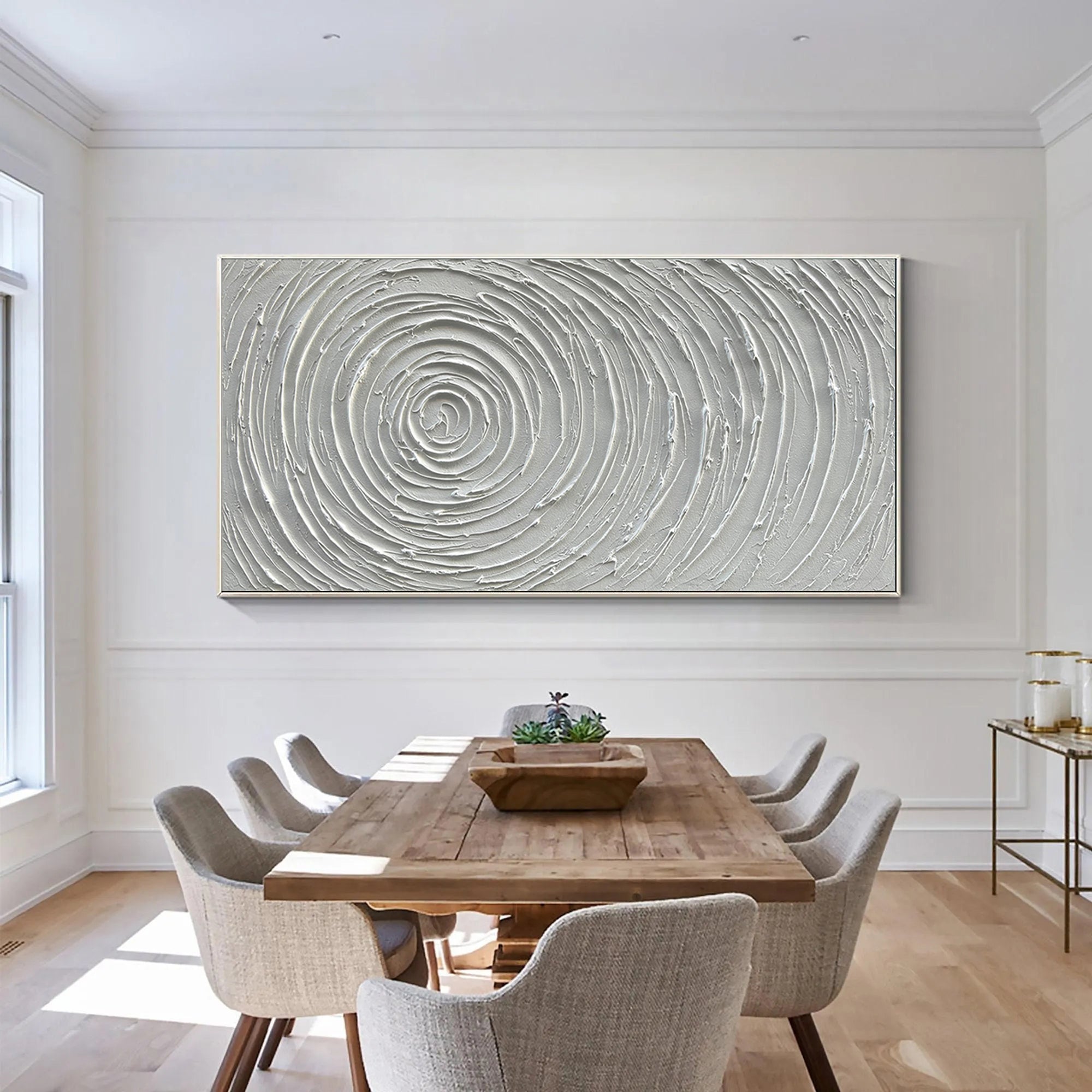 LUNAR RIPPLES: Panoramic 3D Plaster Texture Wall Art, Minimalist White Spiral Relief