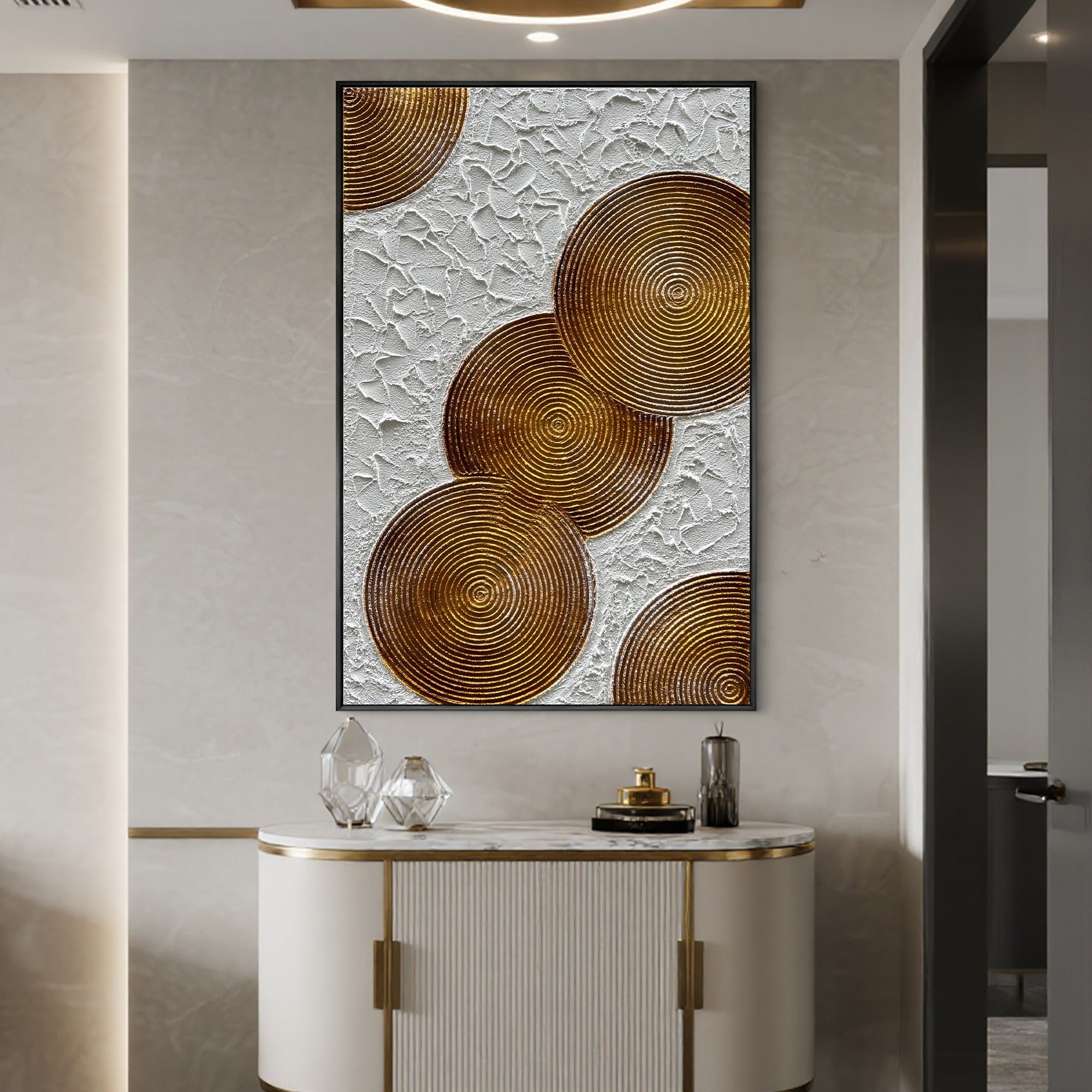 Amber Spheres – Modern Bronze Circle Relief Texture Painting | Contemporary Plaster Texture Living Room & Office Art