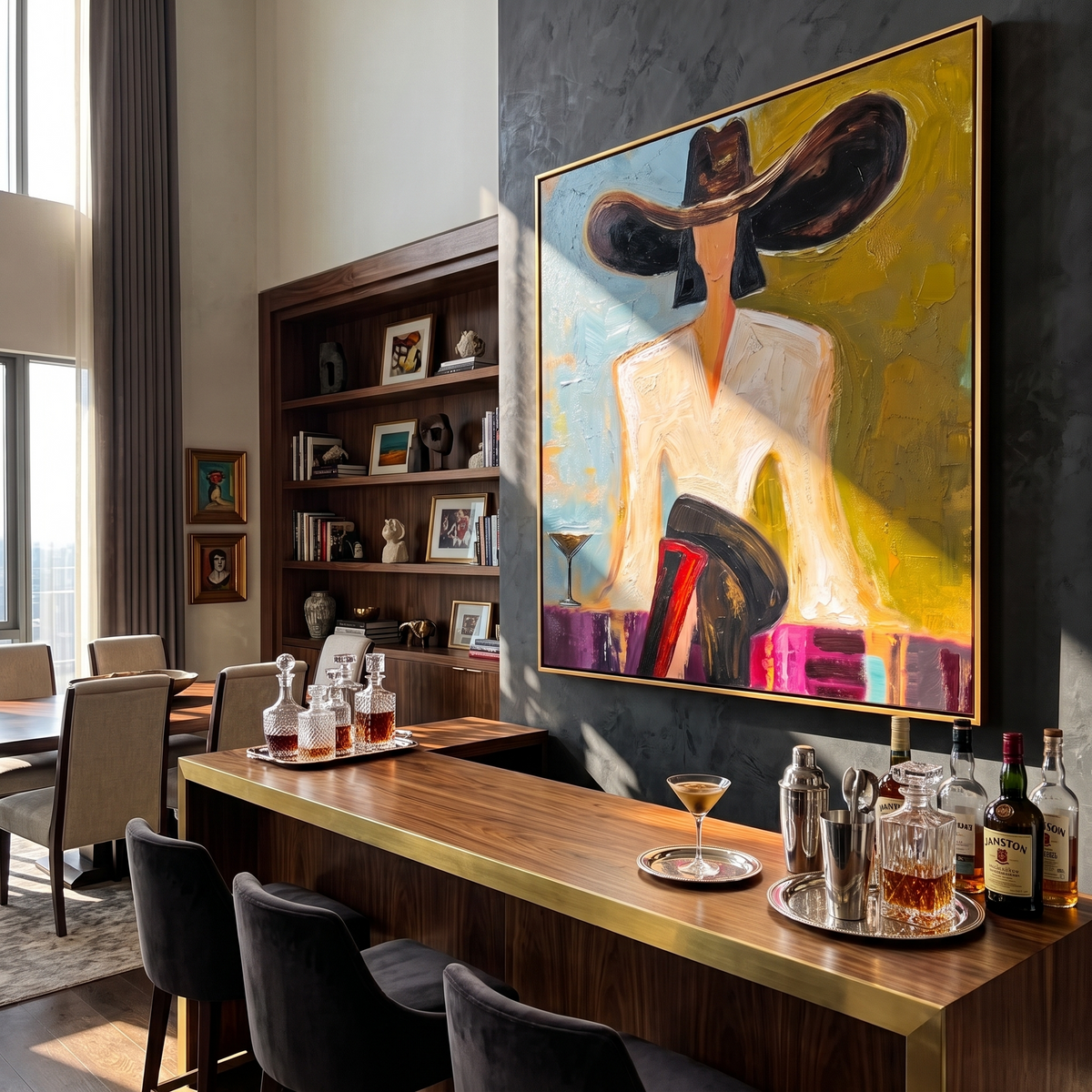 Black Brim Cocktail – Woman in Hat with Martini Painting | Vintage Americana Square Art