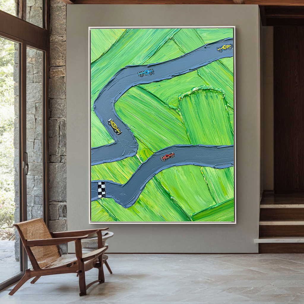 Circuit Breeze – Hand-Painted Green Race Track Minimalist Racing Car Sport Painting | Contemporary Sport Home Office & Living Room Art