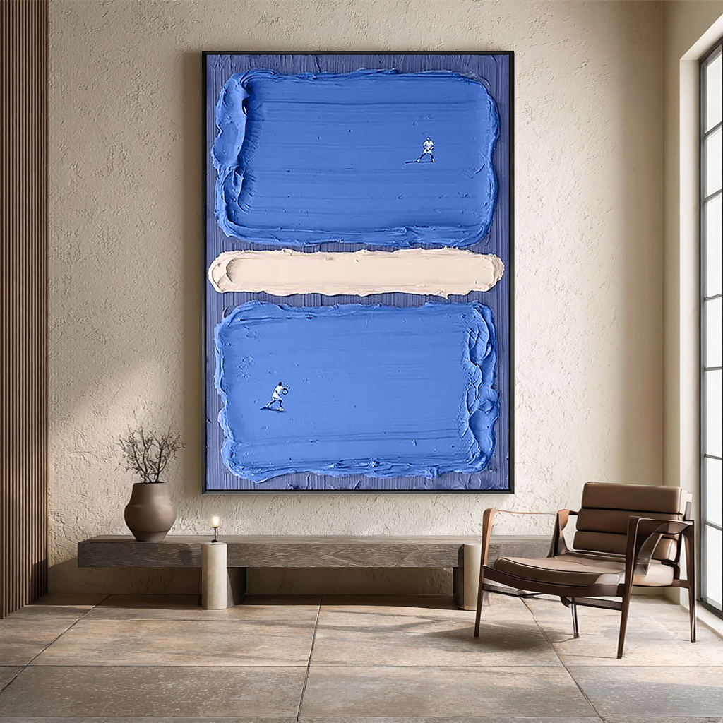 Court Horizon – Hand-Painted Deep Blue Tennis Court Athletes 3D Sport Painting | Contemporary Sport Home Office & Living Room Art