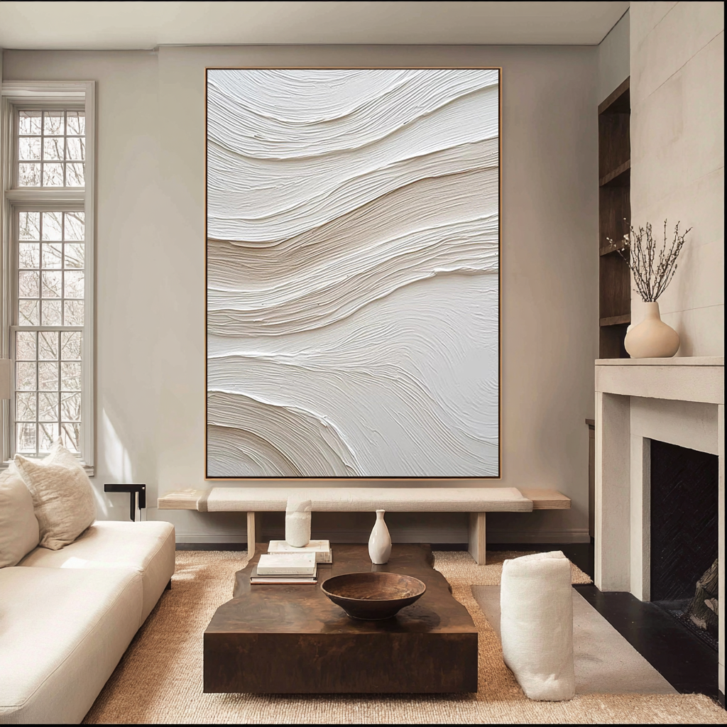 Sandstone Ripple – Hand-Painted Plaster Effect White Wave Relief Minimalist Painting | Japandi Organic Wabi-Sabi Living Room & Hallway Art