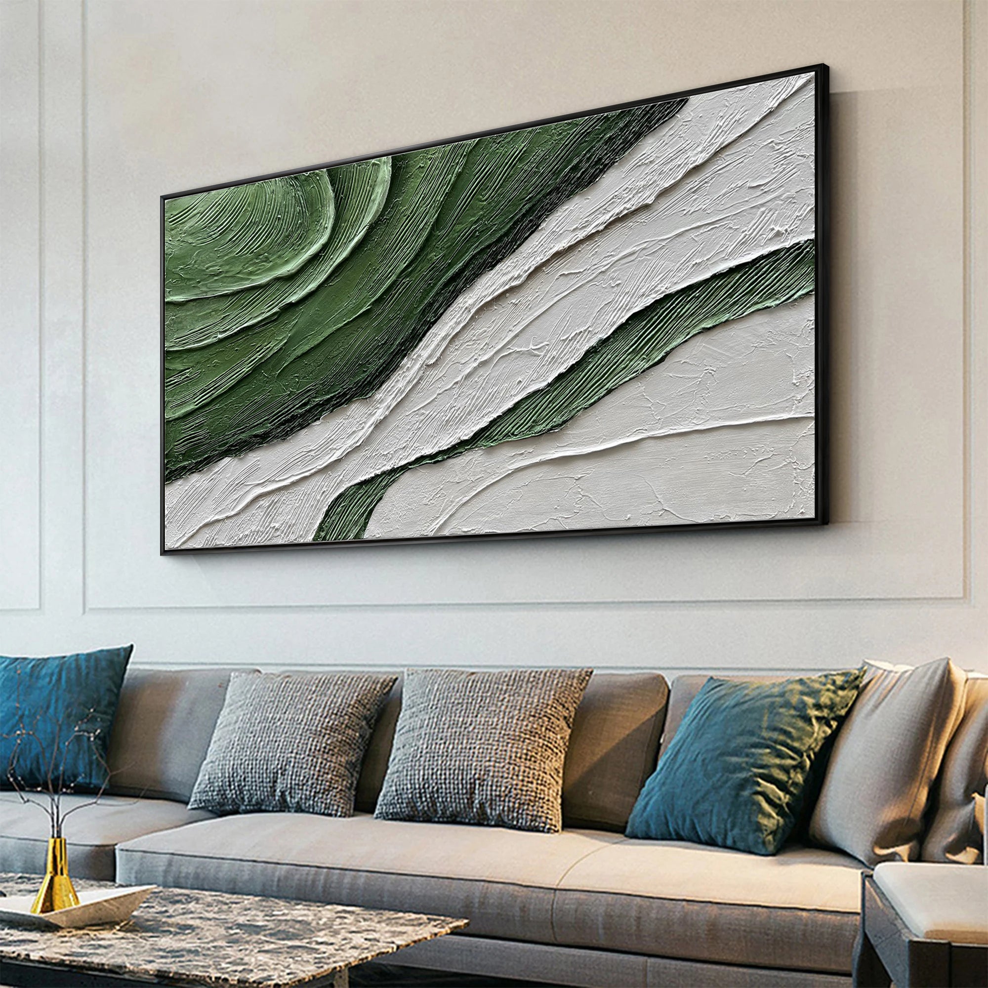 Verdant Echoes – Modern Wabi-Sabi Green Textured Painting | Minimalist Abstract Living Room Art