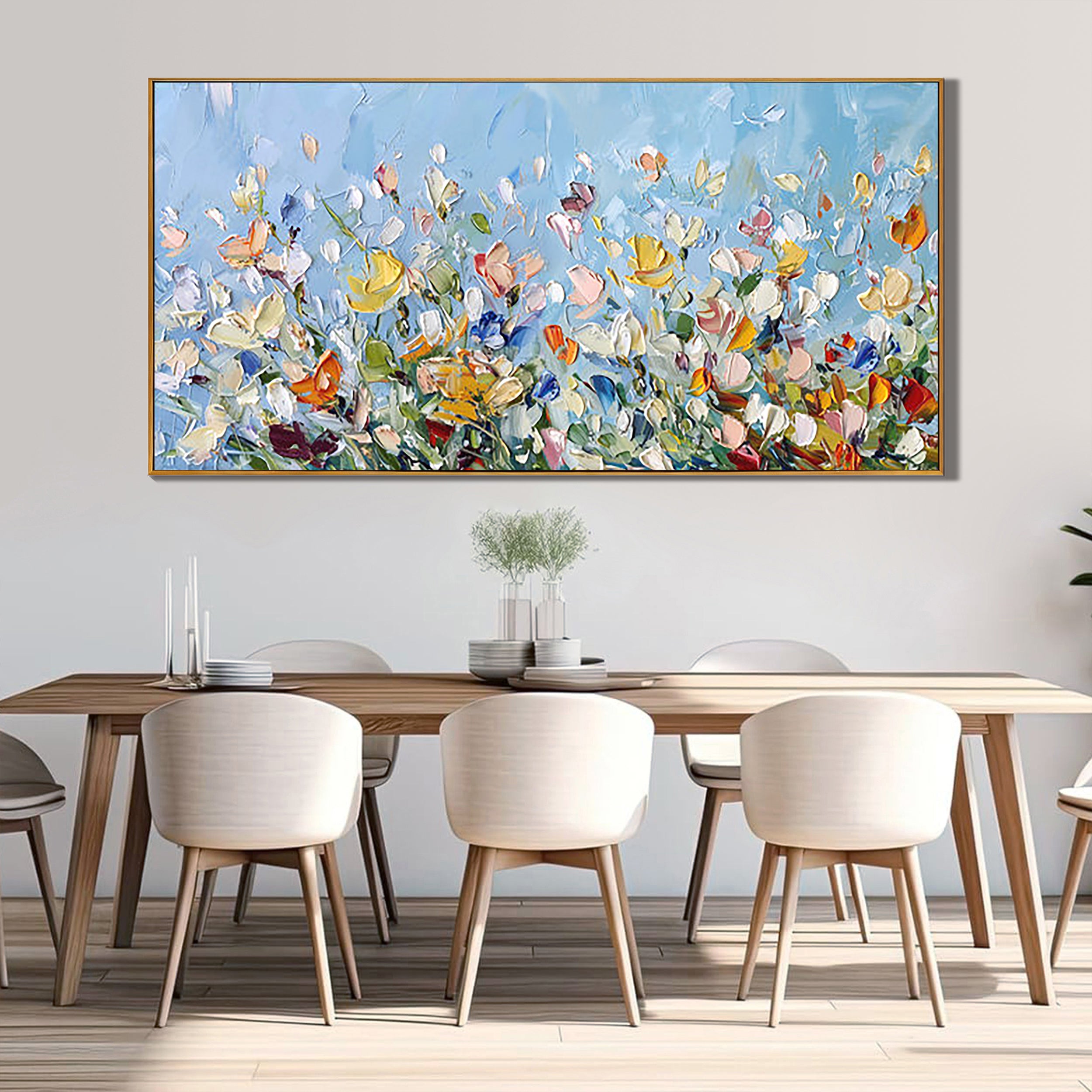 Azure Meadow – Hand-Painted Wildflower Field Impressionist Palette Knife Floral Painting | Contemporary Botanical Bedroom & Living Room Art