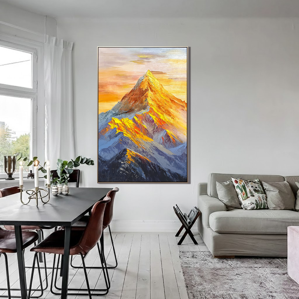 The Gilded Pinnacle – Contemporary Golden Hour Mountain Peak Painting | Vibrant Impasto Hallway Art