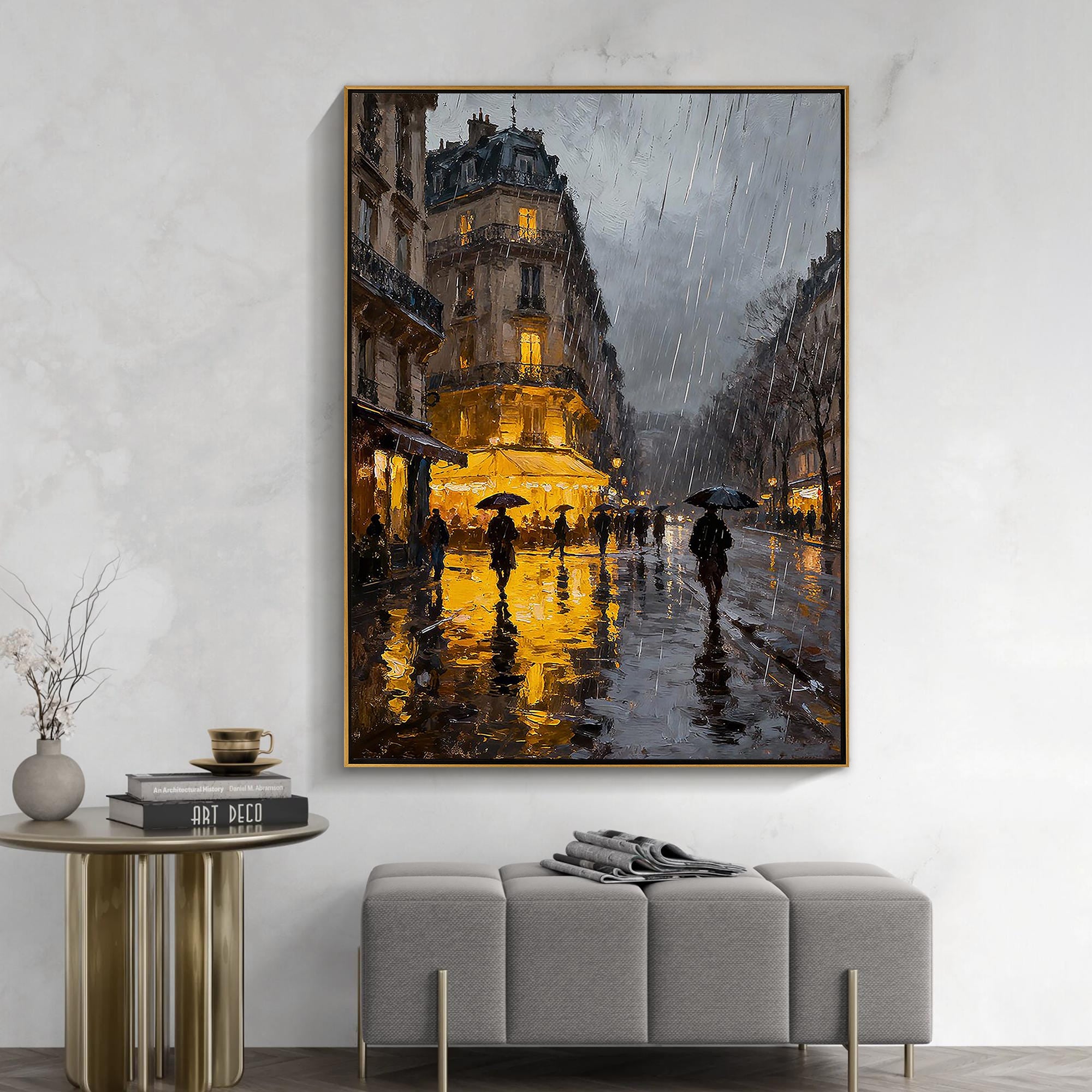 Raindrop Glow – Romantic Cityscape Oil Impressionist Painting | Contemporary Expressionist Living Room & Office Art
