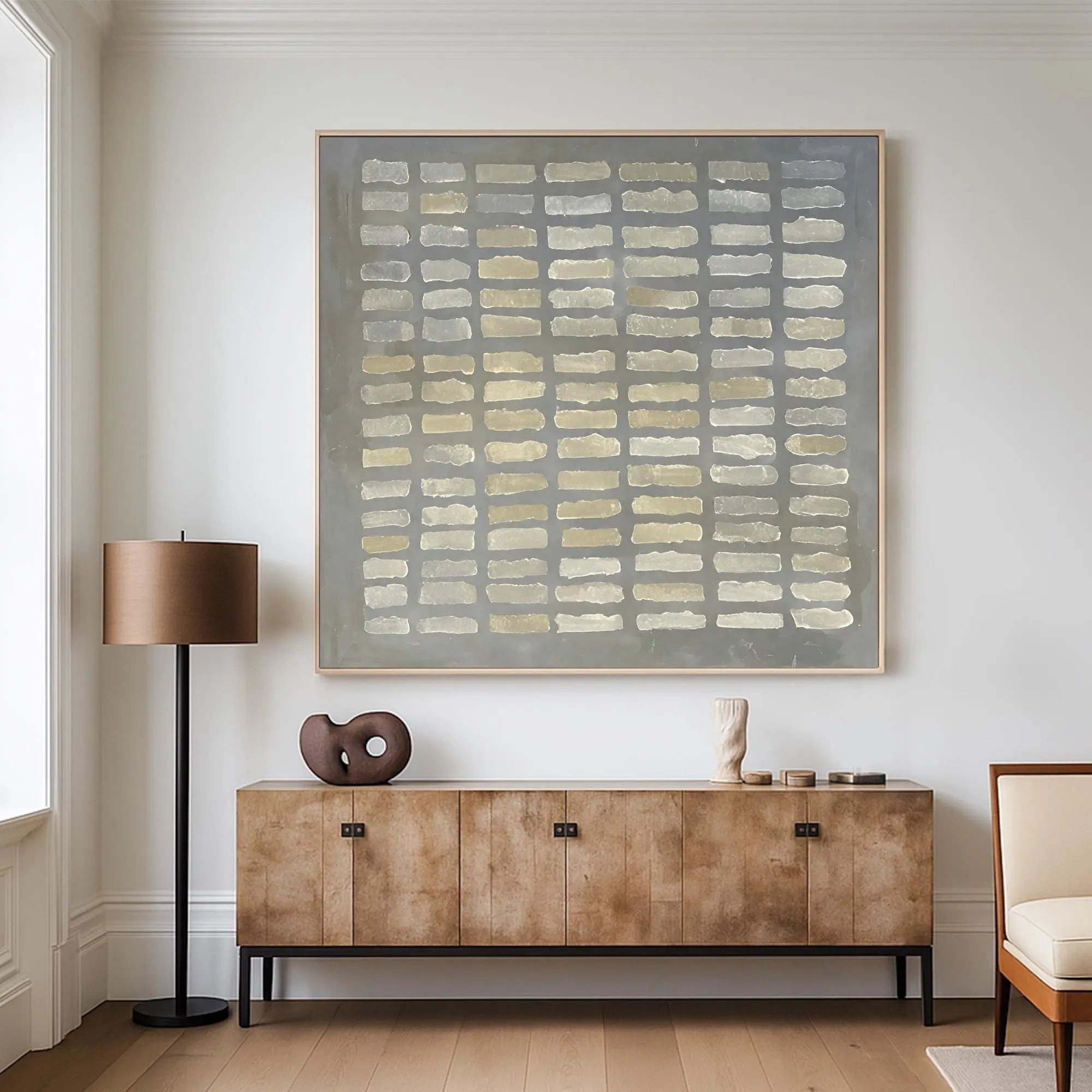 Whispered Matrix – Wabi-Sabi Slate Grey Minimalist Grid Painting | Modern Geometric Textured Hallway Art