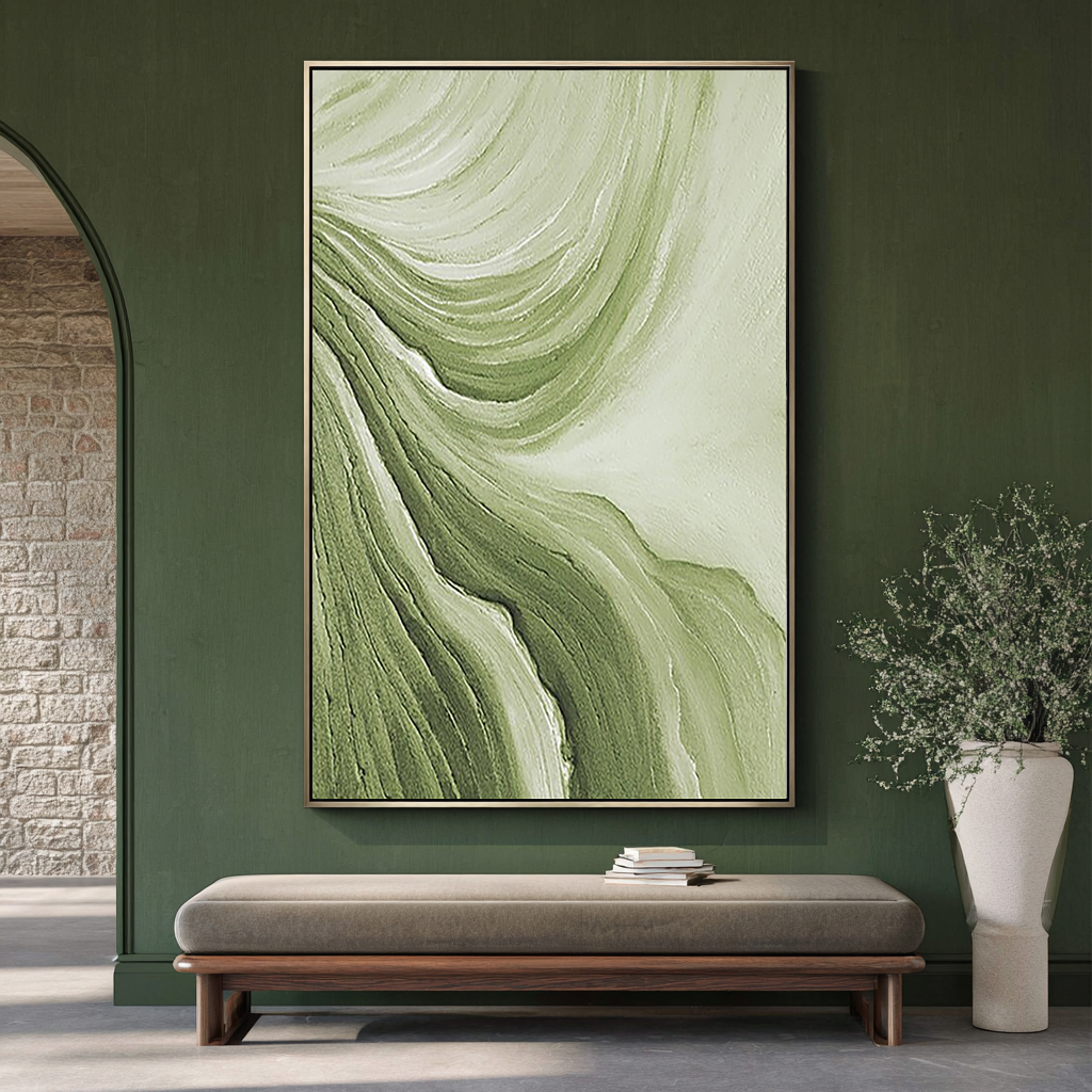 SAGE RIPPLE: Modern 3D Plaster Texture Wall Art, Green Wave Abstract Relief Painting