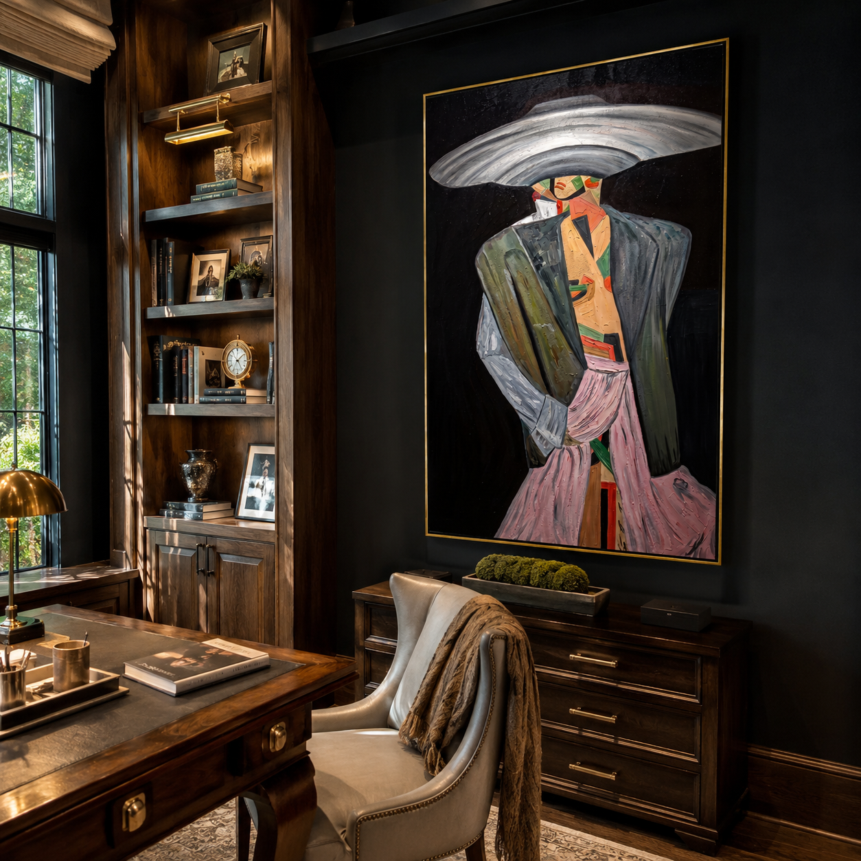 Silver Brim Takes Stage – Gray Fashion Figure Painting | Retro Modern Vertical Wall Art