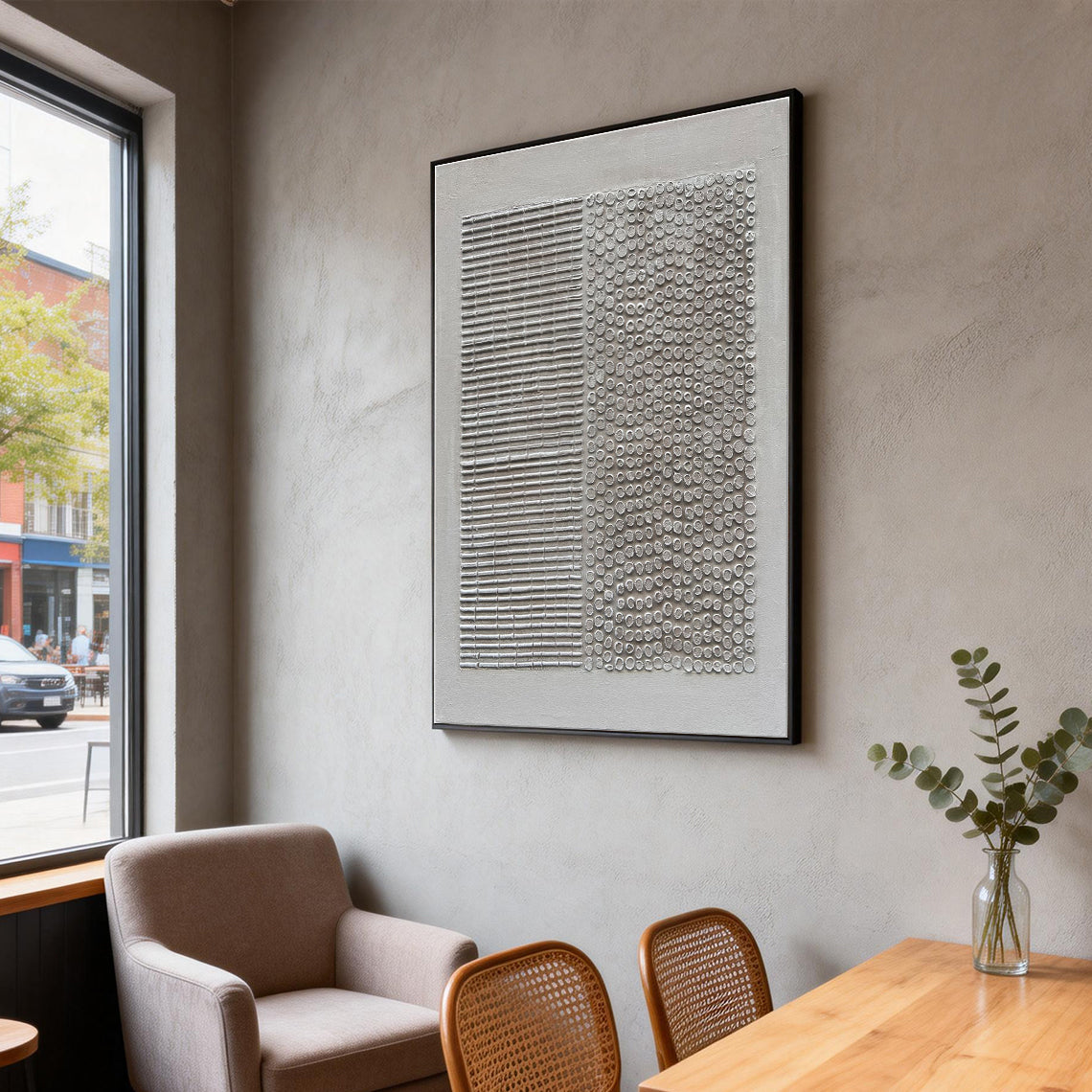 SILENT GRID: Wabi-Sabi Plaster Texture Wall Art, Modern Linear Abstract Relief