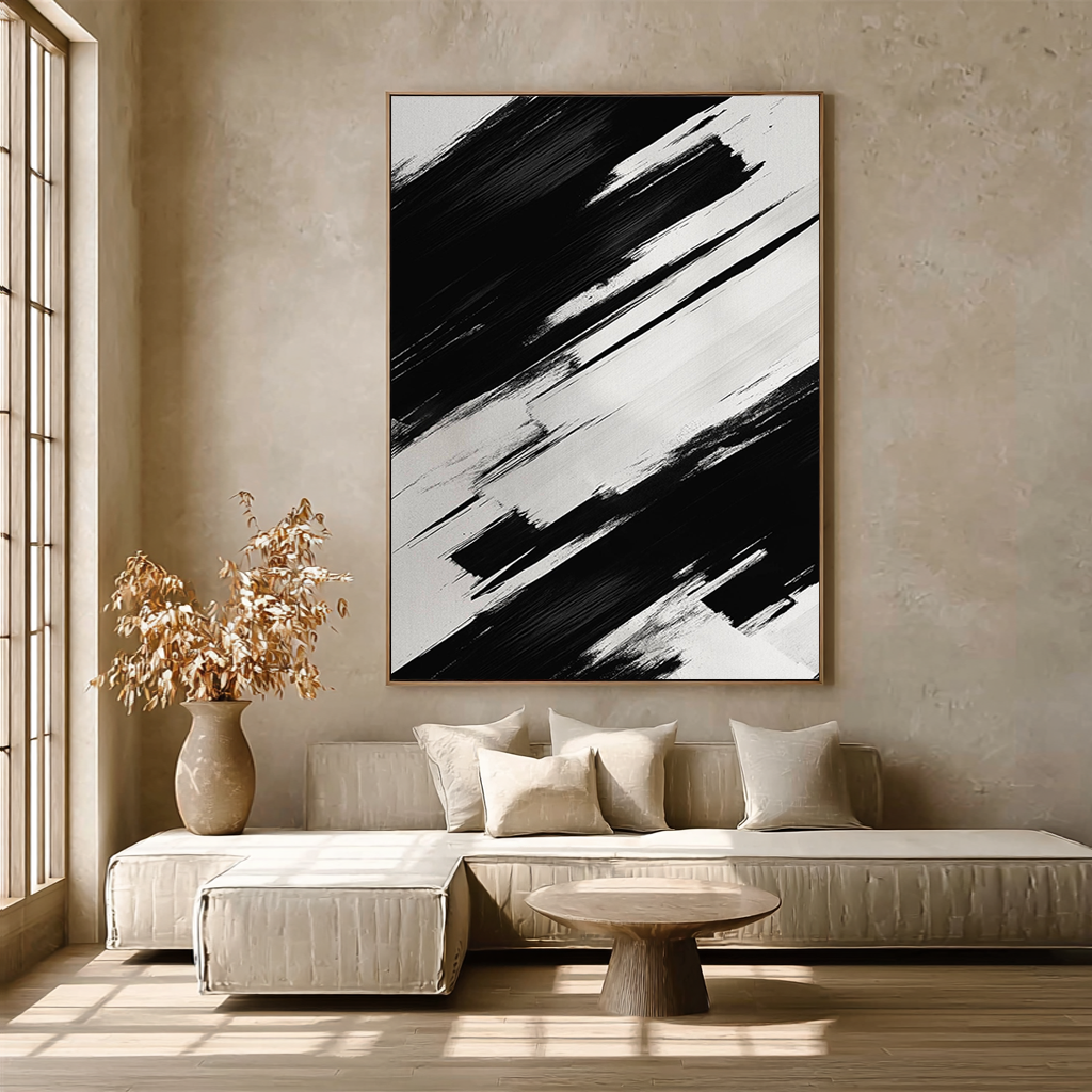 STRIKING NOIR: Bold Black & White Abstract Painting, Heavy Texture Industrial Wall Art