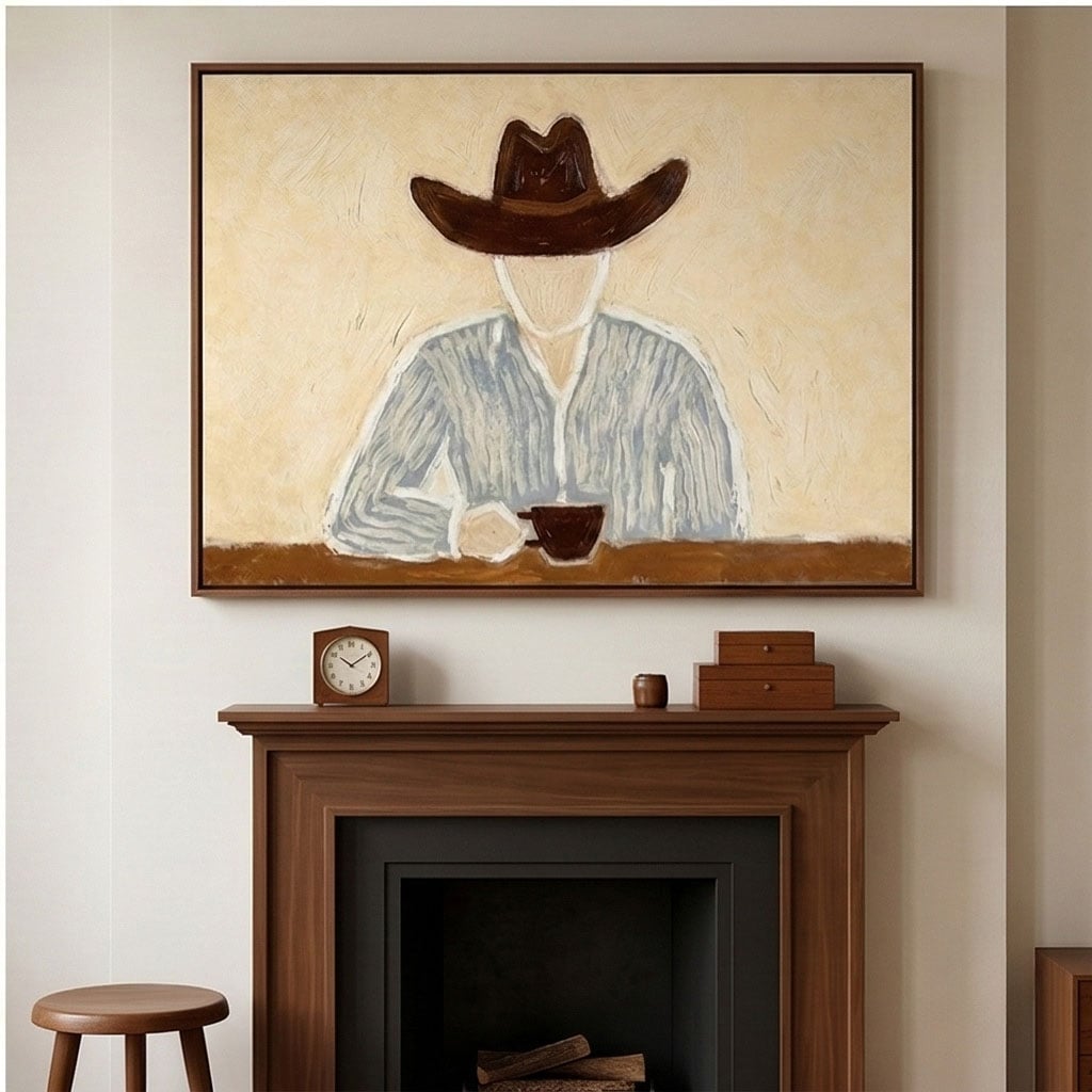 Morning Cup in Silence – Neutral Wide Hat Figure Painting | Modern Figurative Horizontal Wall Art