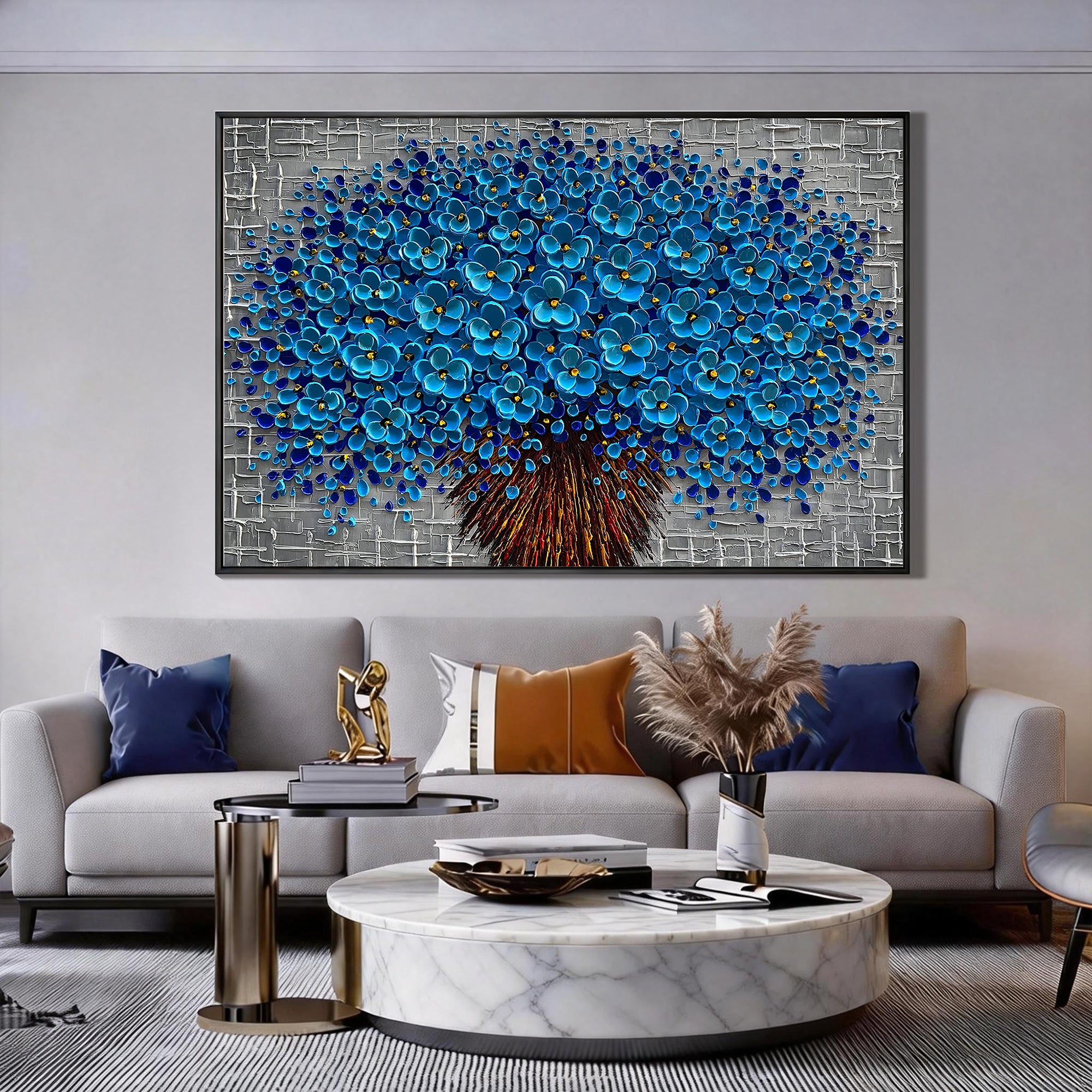 Cerulean Bloom – Modern Floral Relief Floral Painting | Contemporary Botanical Bedroom & Living Room Art