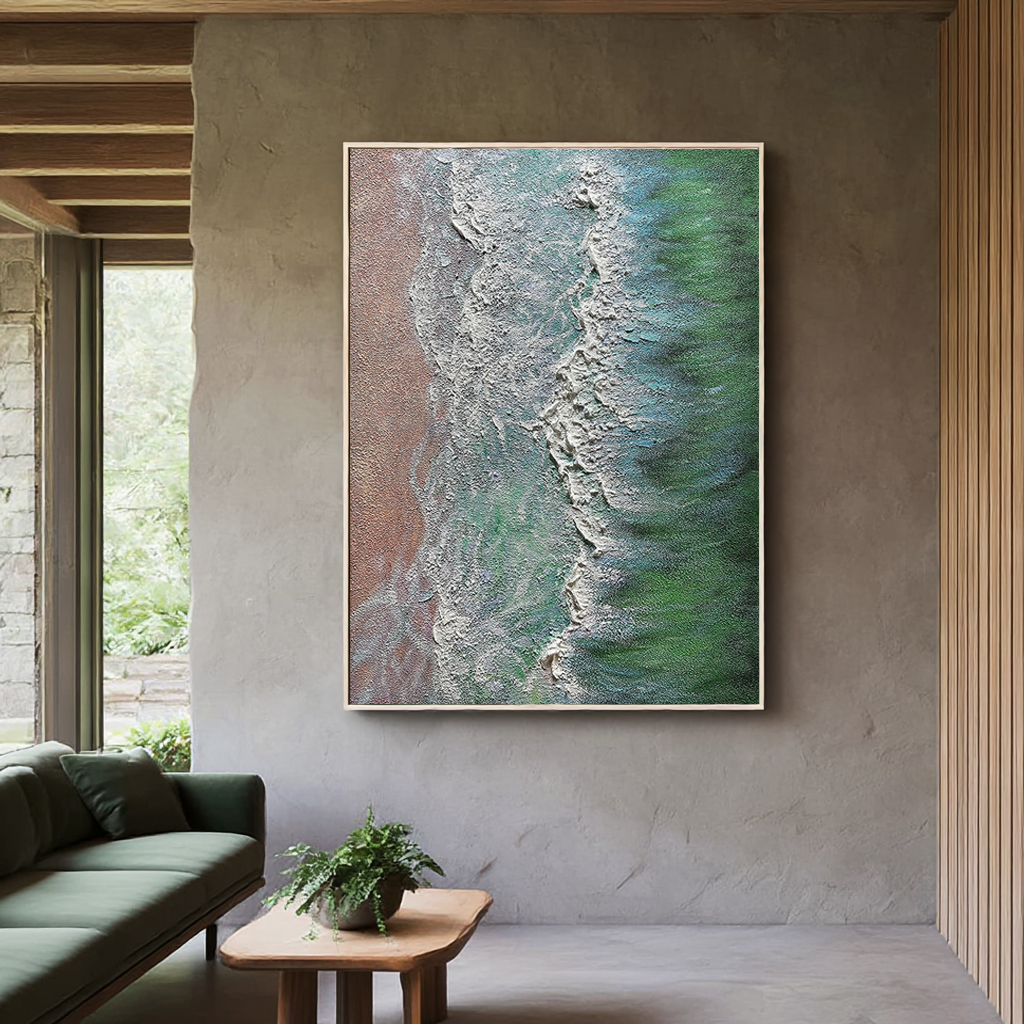 Emerald Coast – Heavy Impasto Textured Seascape Aerial Painting | Coastal Modern Living Room & Bedroom Art