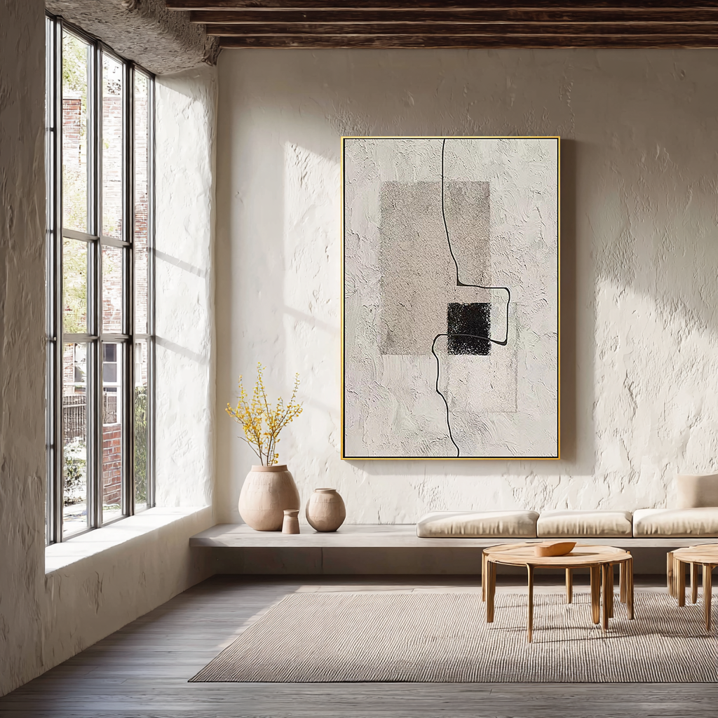 Urban Grid – Grey & Black Plaster Minimalist Painting | Modern Minimalist Bedroom & Home Office Art